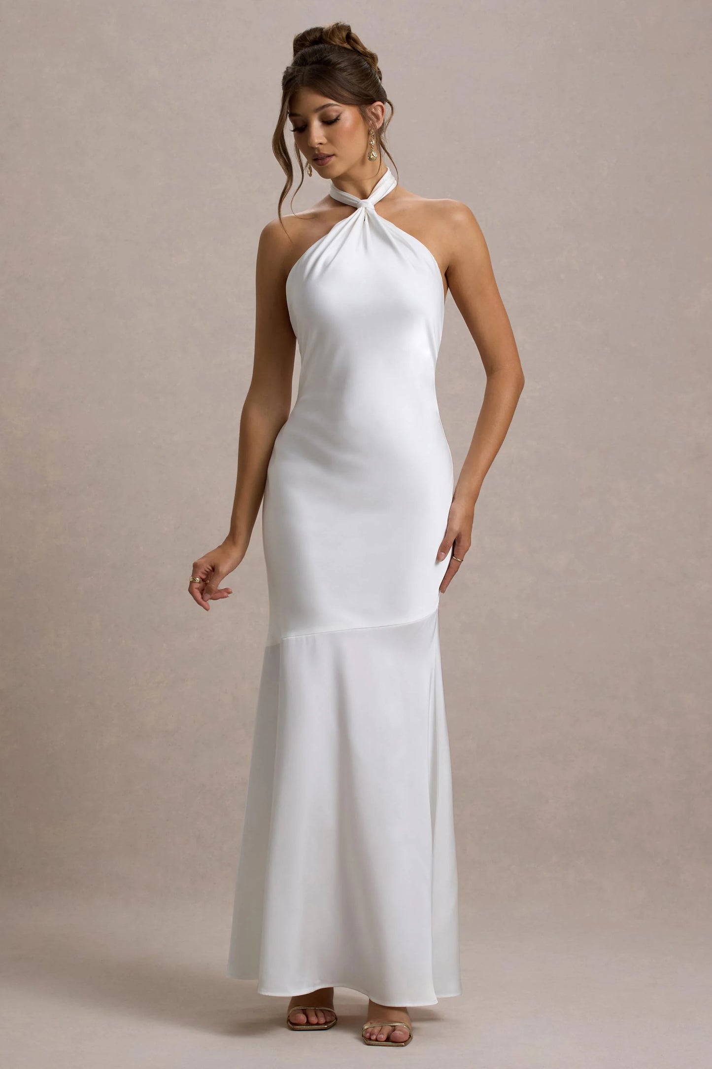 Knox | White Satin Knot Halter-Neck Maxi Dress