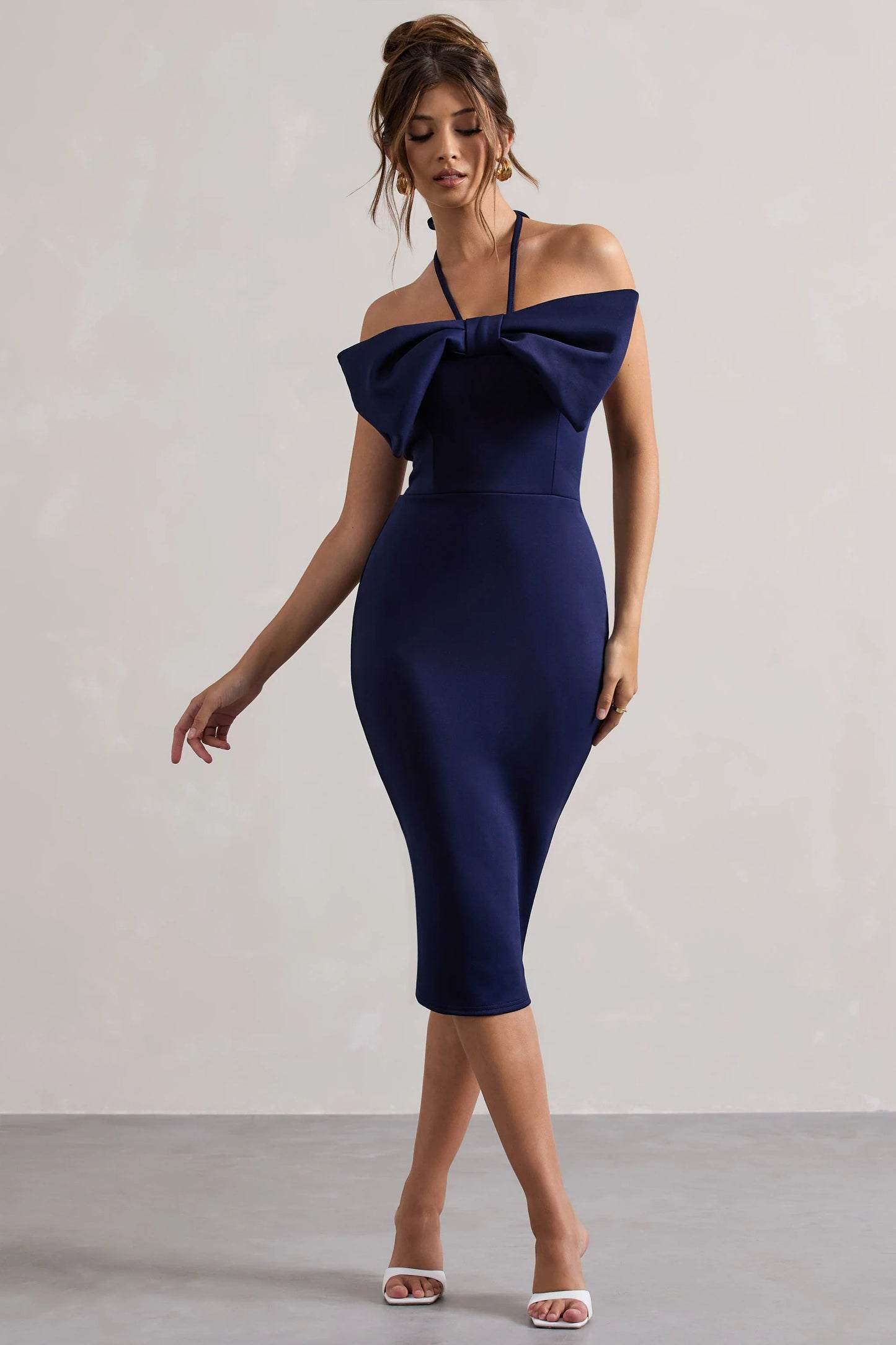 Carly | Navy Halter-Neck Midi Dress With Bow