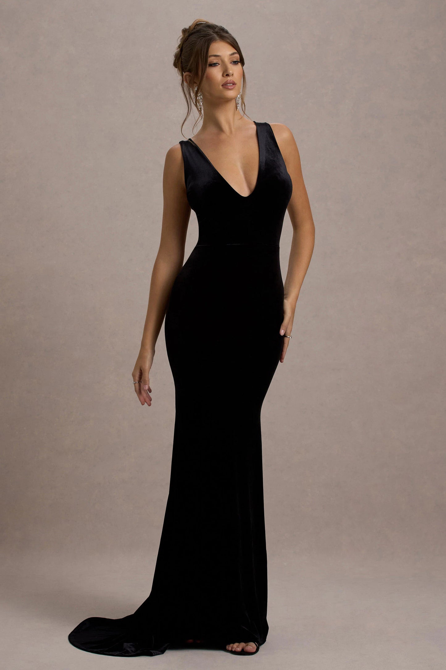 Elisabetta | Black Velvet Plunge-Neck Fishtail Maxi Dress