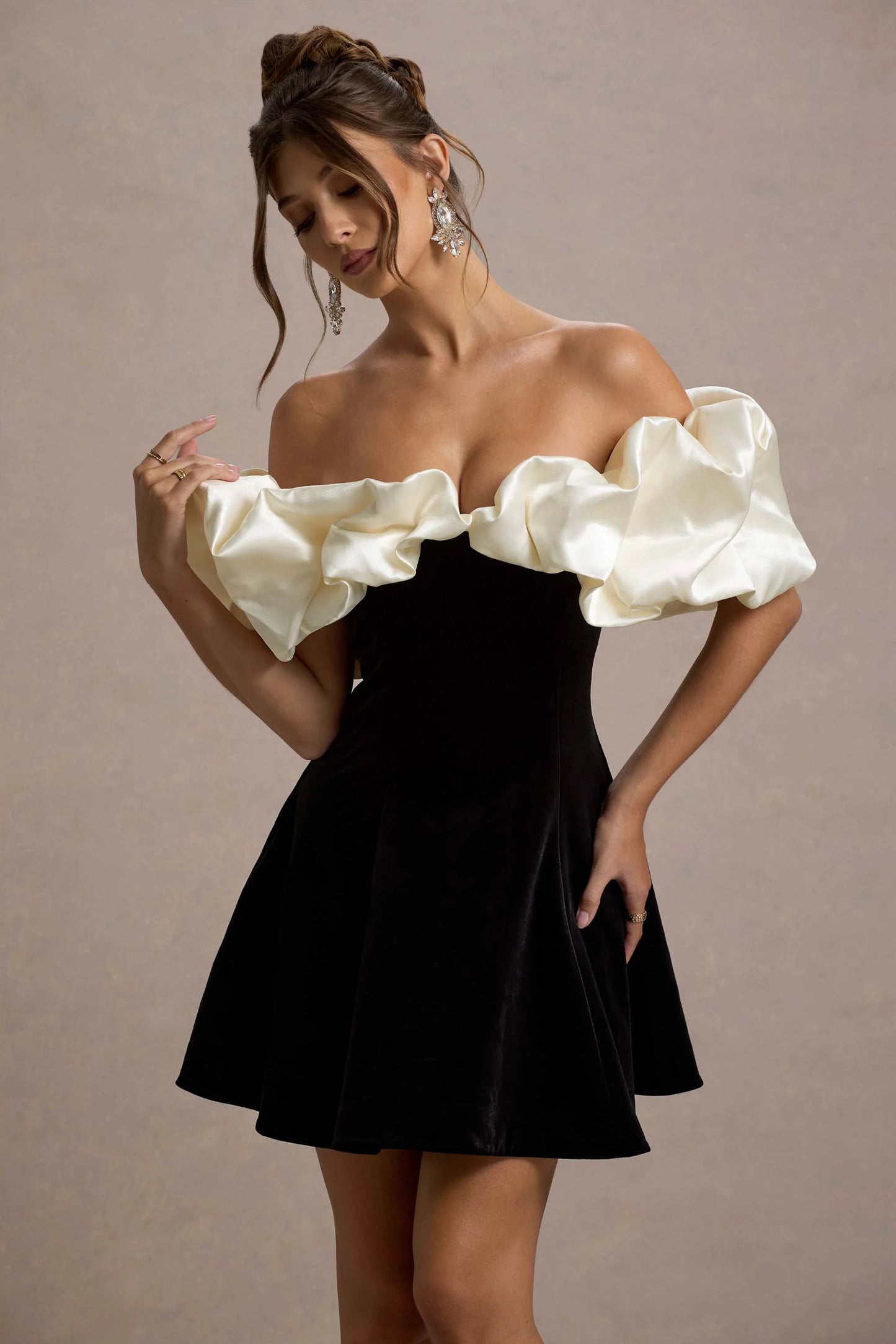 Brynne | Black & Cream Velvet Mini Dress With Satin Puff Sleeves