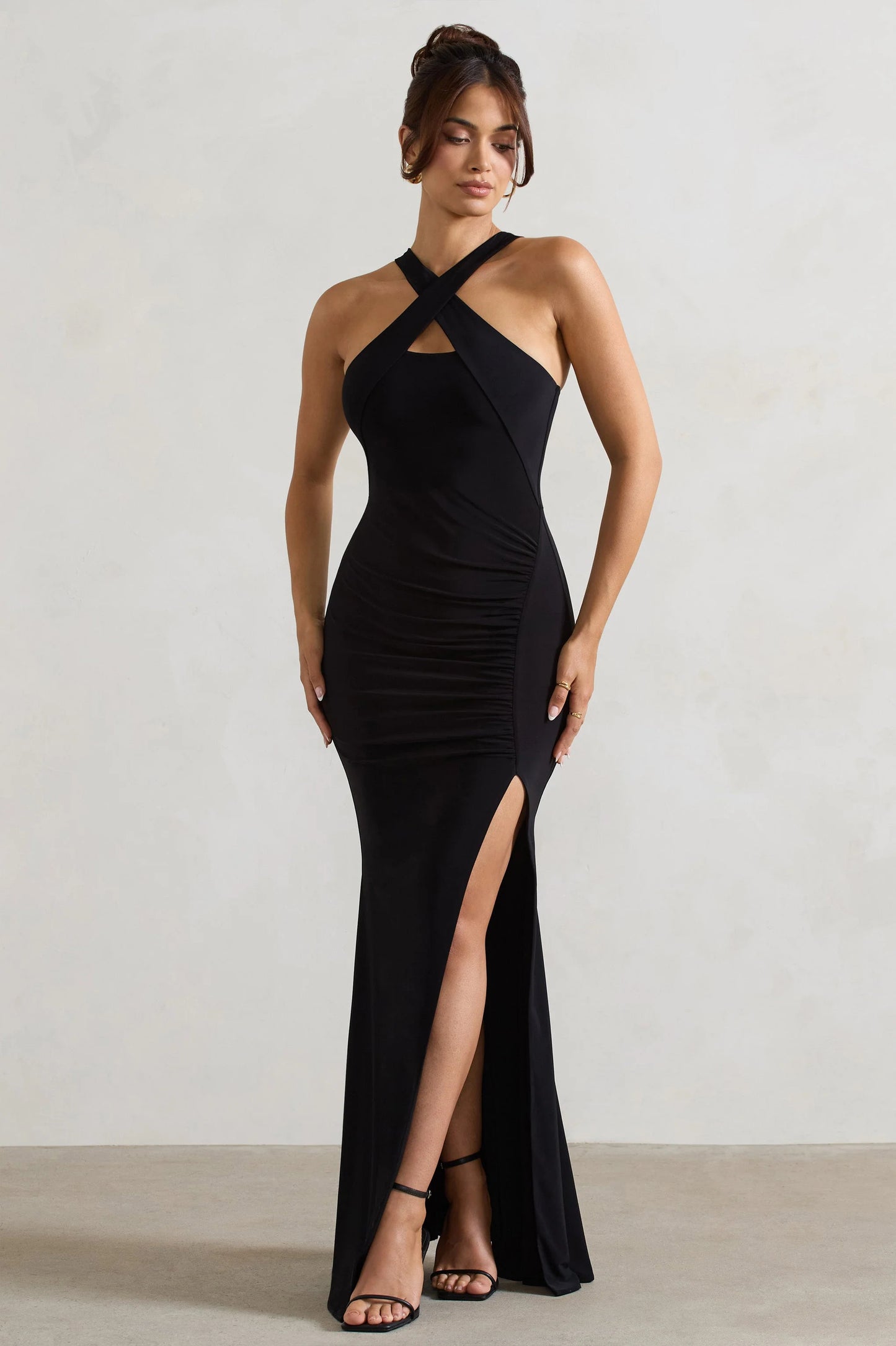 Jianna | Black Cross Over Halter-Neck Split Maxi Dress