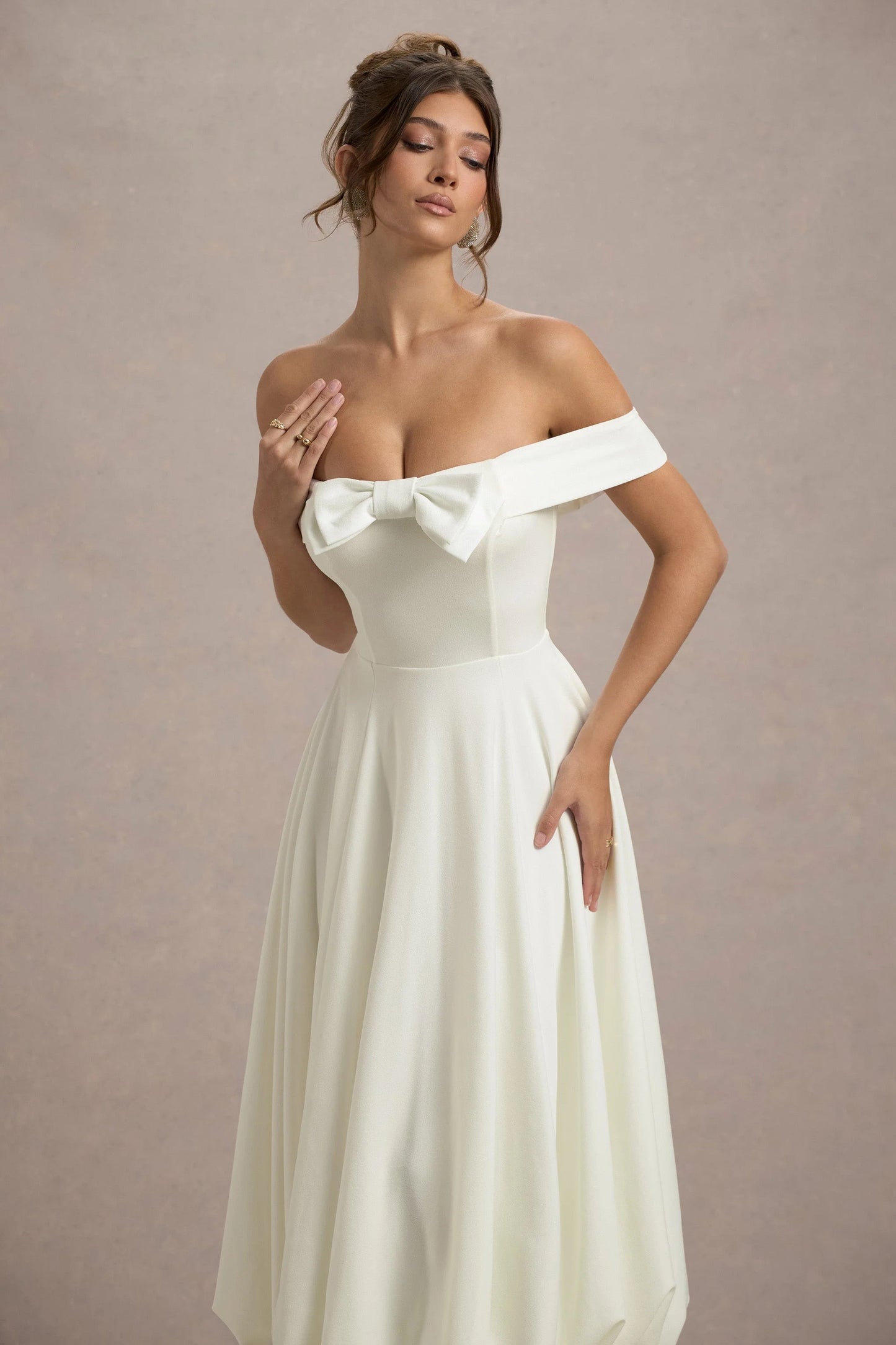 Calliopia | Cream Bow Bardot Midi Dress With Puff-Ball Skirt