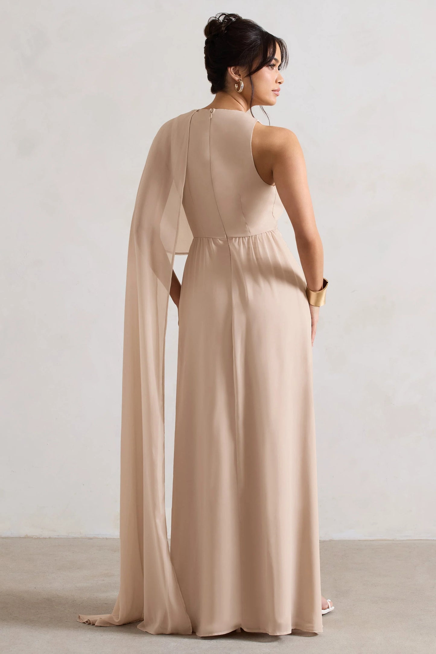 Fairytale | Champagne Plunge-Neck Chiffon Maxi Dress With Cape Sleeve