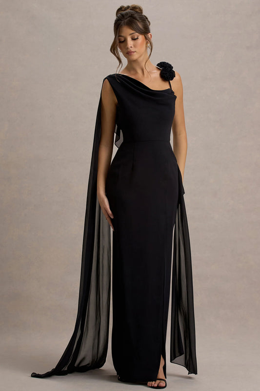 Angeline | Black Chiffon Draped Split Maxi Dress With Corsages