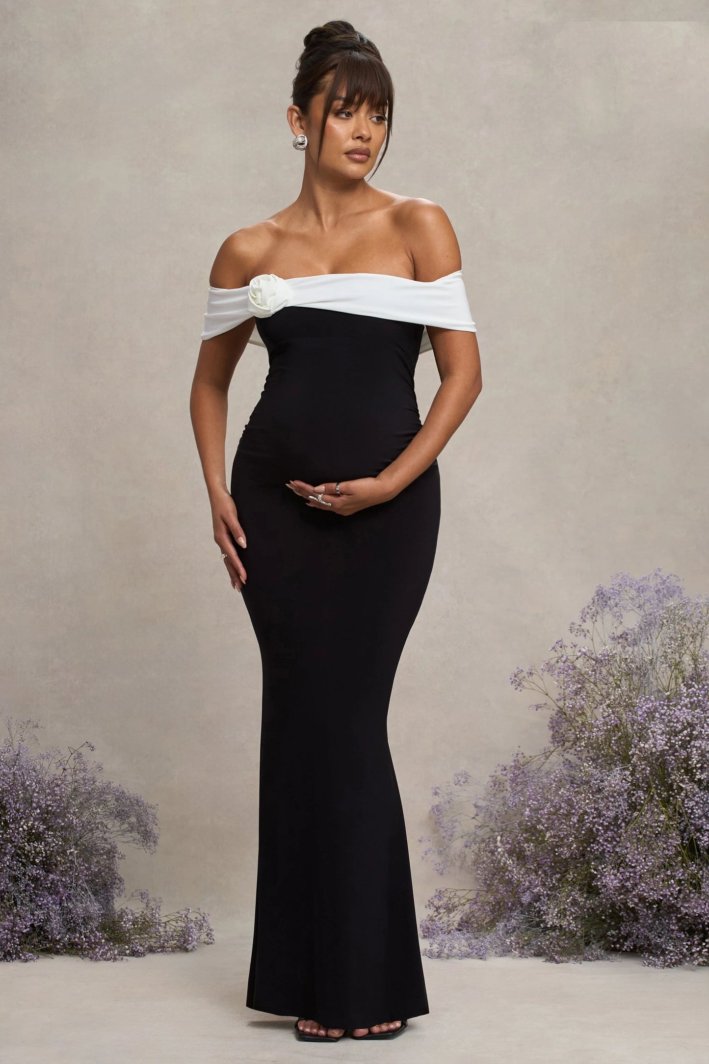 In Bloom | Black & White Bardot Maternity Maxi Dress With Flower