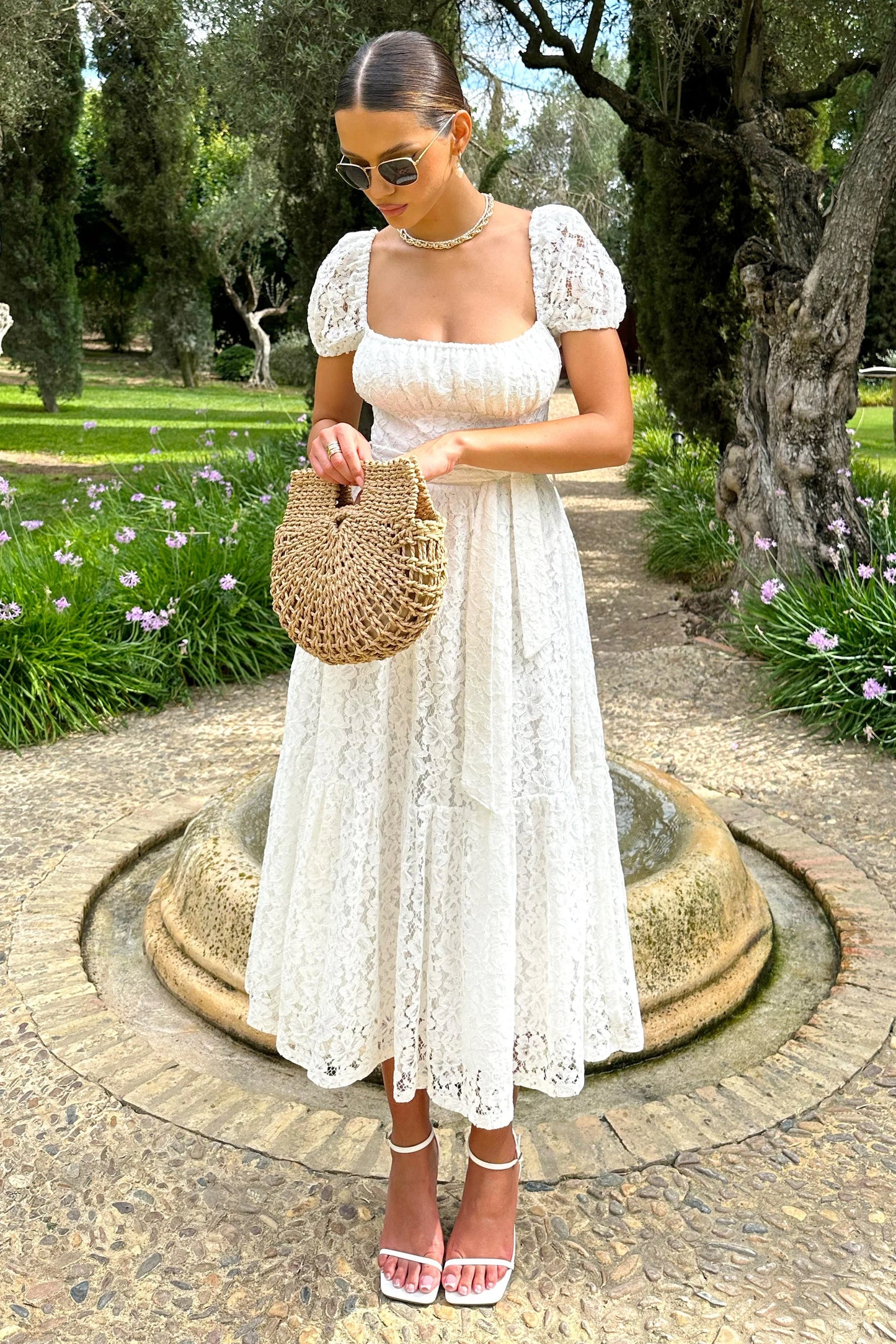 Corfu | White Lace Puff-Sleeve Belted Midi Dress