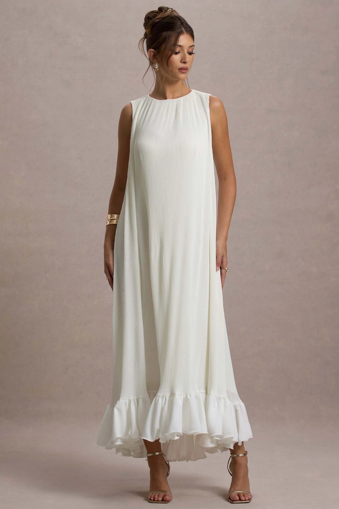 Hazelle | Cream Chiffon A-Line Ruffled Maxi Dress