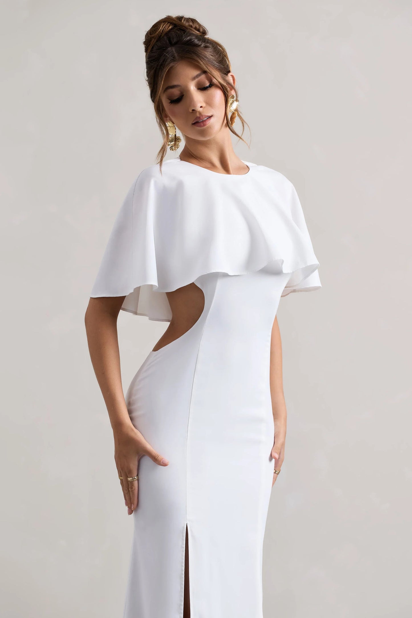 Isadora | Ivory Cut-Out Split Maxi Dress With Cape