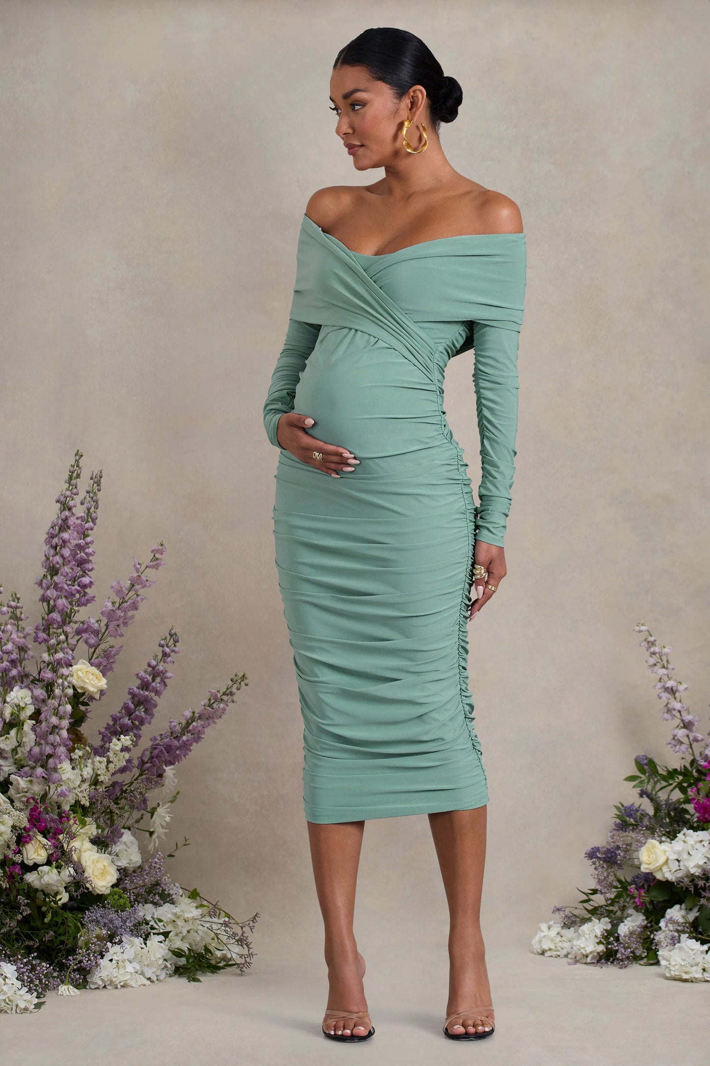 Davina | Sage Ruched Twist Bardot Long-Sleeve Maternity Midi Dress