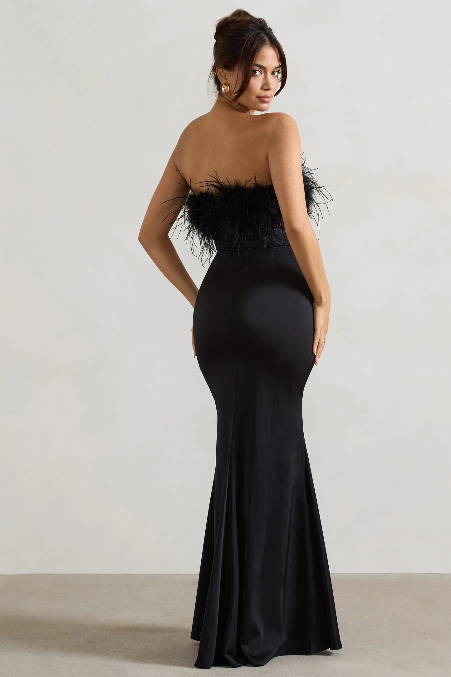 Dress For It | Black Satin Feather Trim Bandeau Maxi Dress