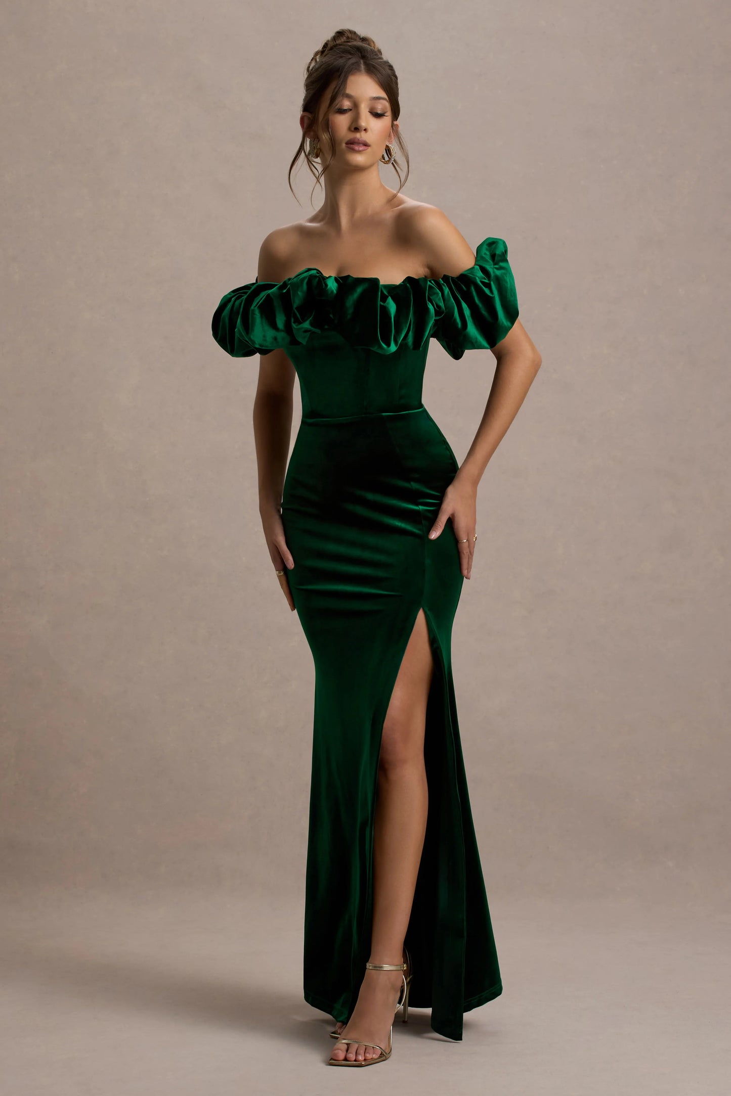 Esmeralda | Bottle Green Velvet Structured Ruffled Bardot Maxi Dress