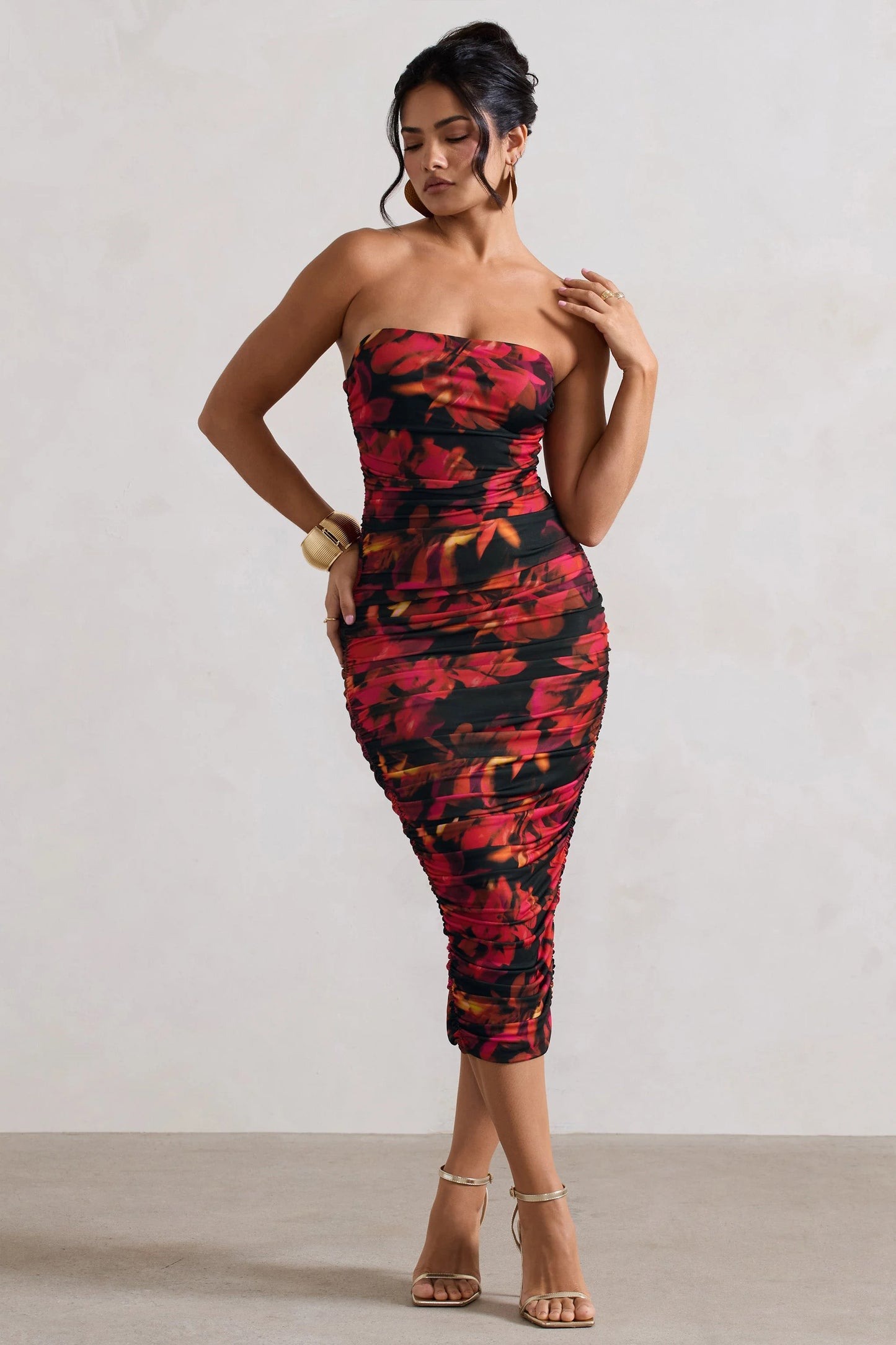 Inara | Red Floral Print Strapless Ruched Midi Dress