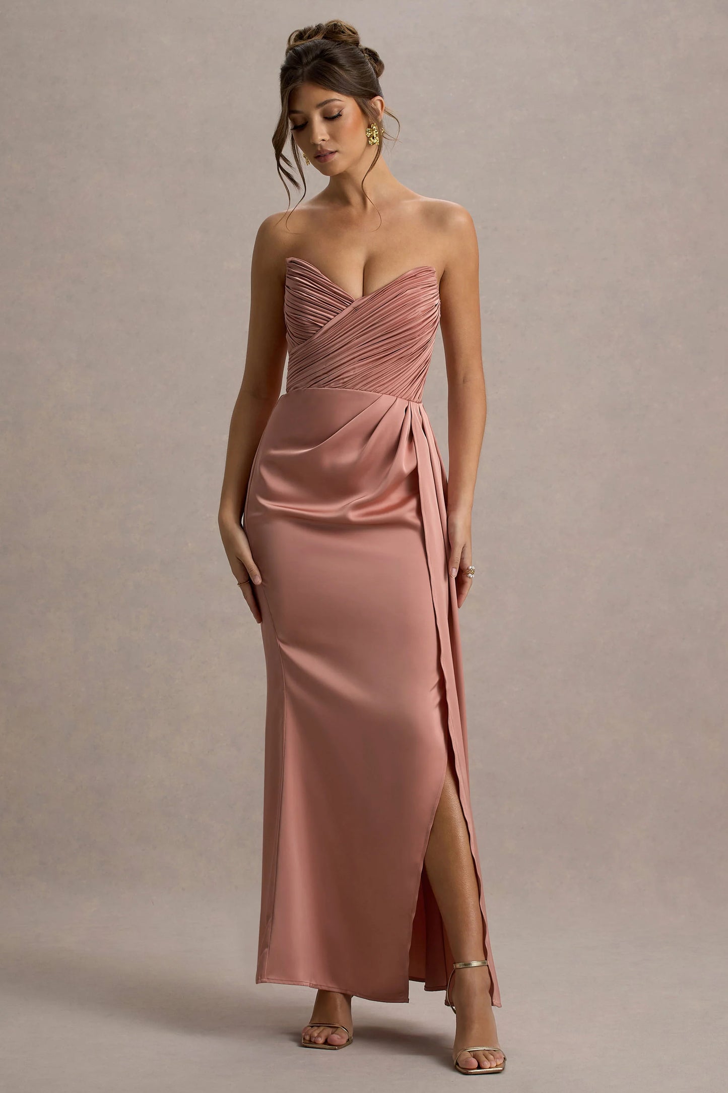 Edel | Pink Satin Strapless Maxi Dress With Drape