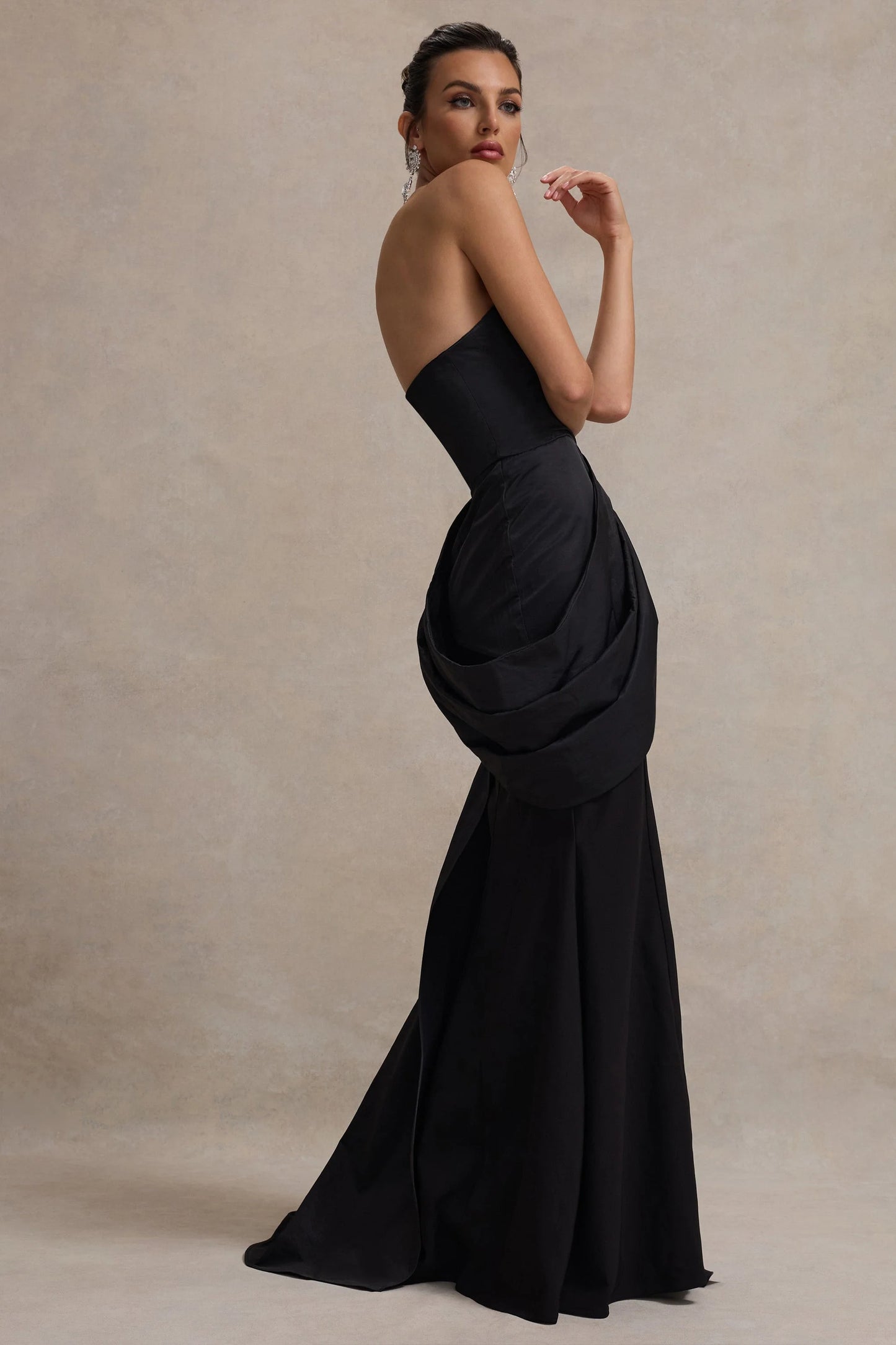 Fallen | Black Strapless Corset Maxi Dress With Drape