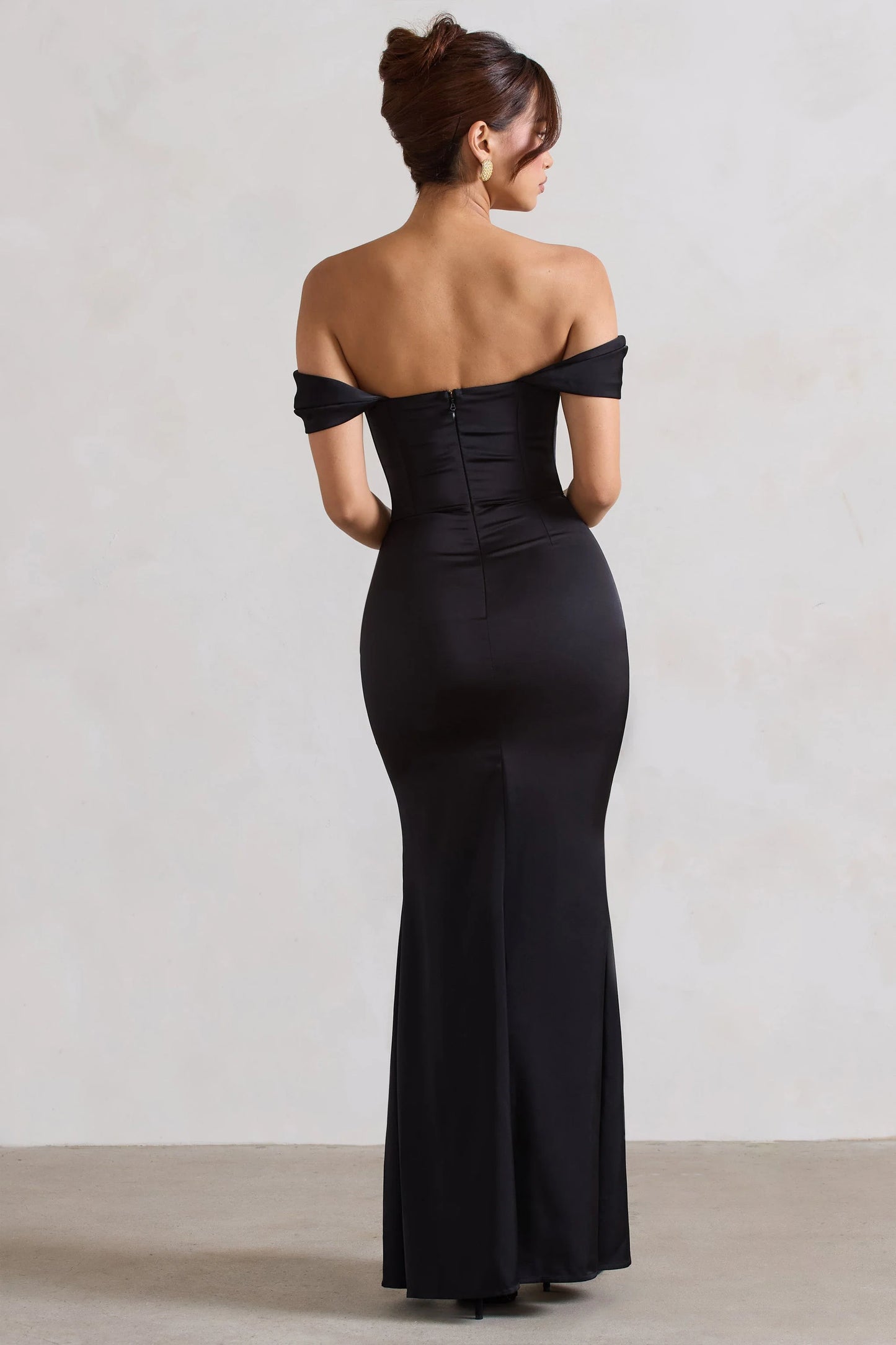 Kimberly | Black Bardot  Satin Maxi Dress