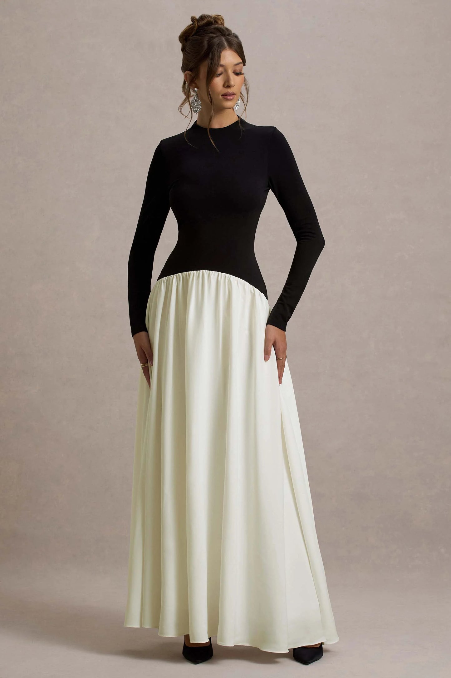 Benedetta | Black & Cream Long-Sleeve Drop-Waist Maxi Dress