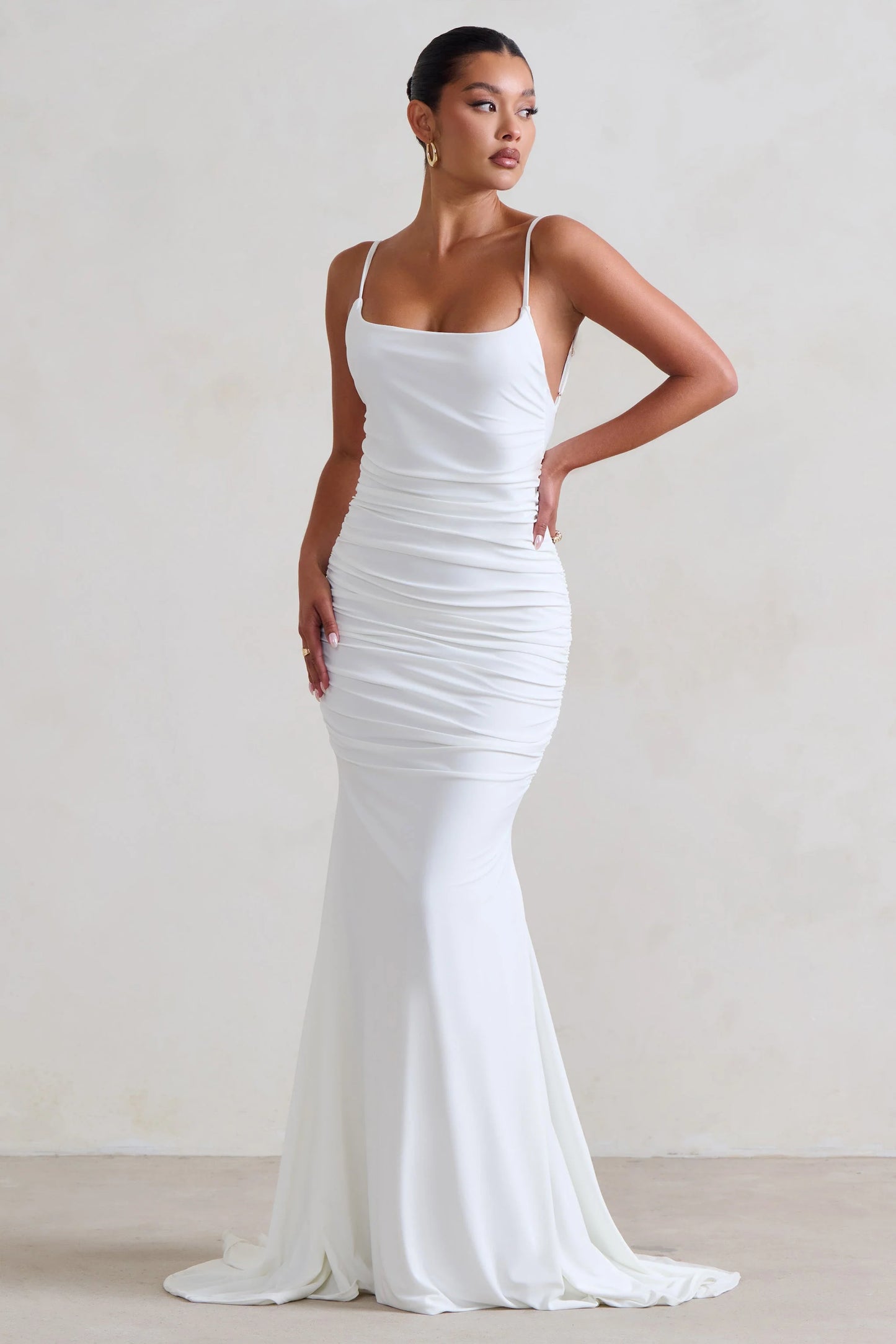 Adele | White Ruched Fishtail Cami Maxi Dress