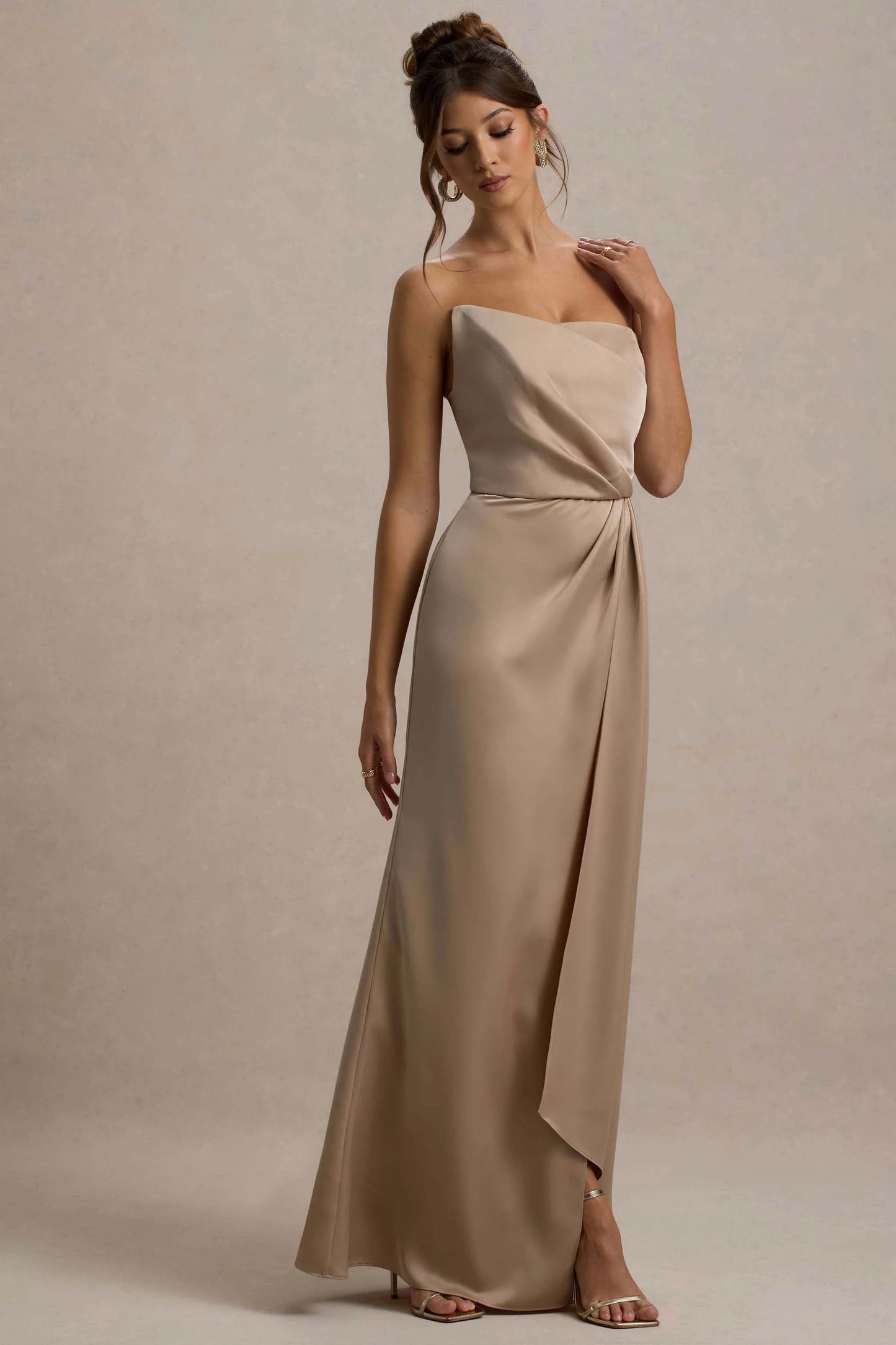 Cairo | Champagne Satin Strapless Draped Maxi Dress