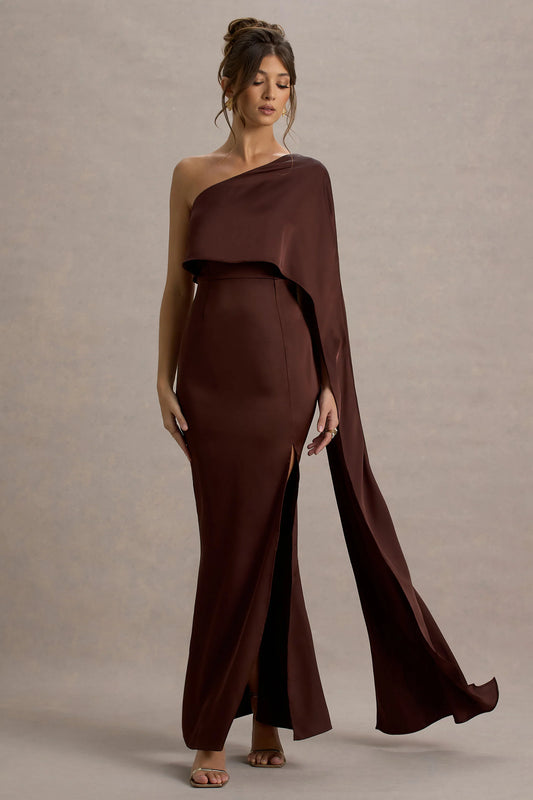 Amora | Brown Satin Asymmetric Cape-Sleeve Split Maxi Dress