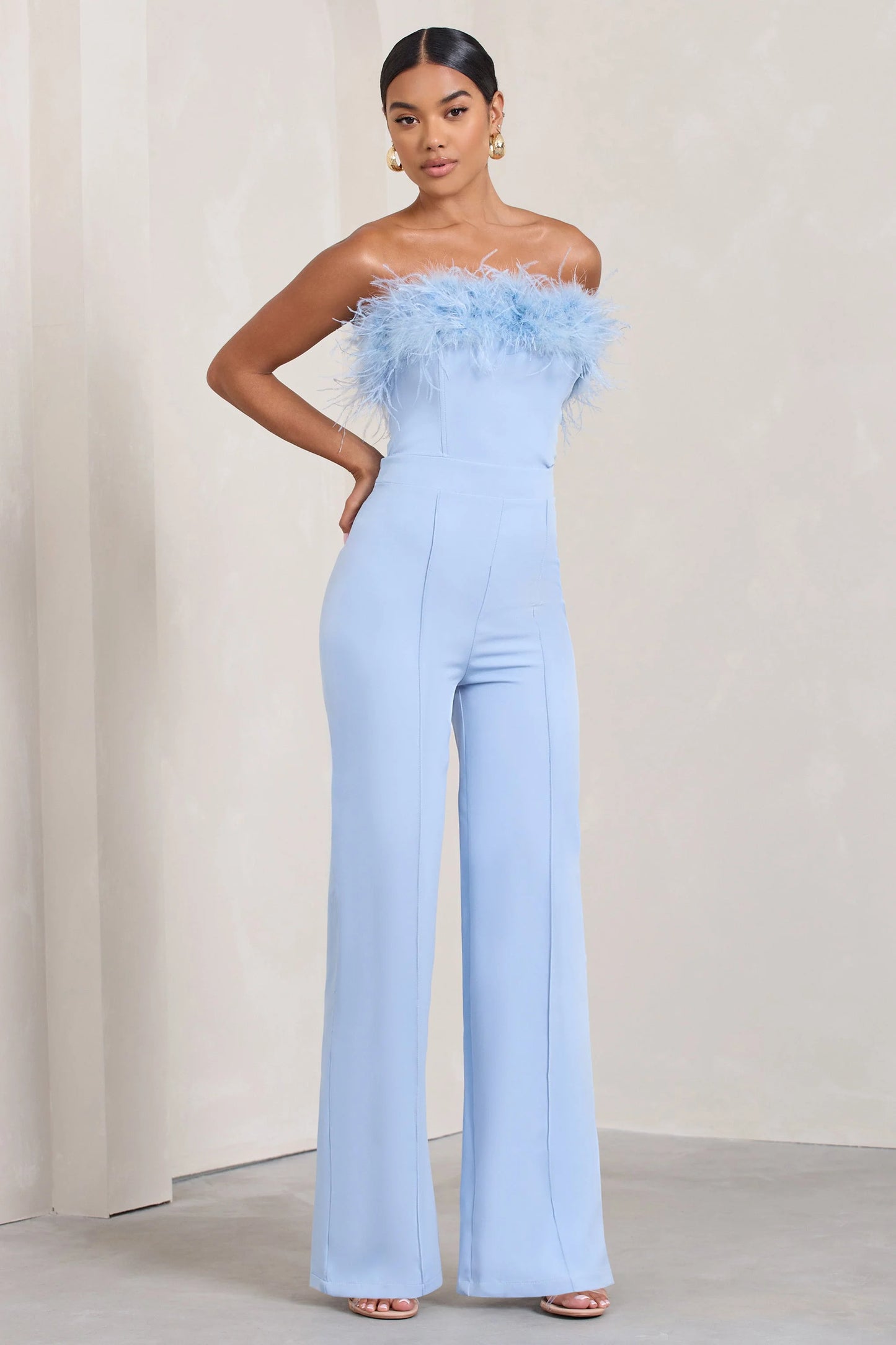 First Class | Blue Bandeau Feather Wide Leg jumpsuit