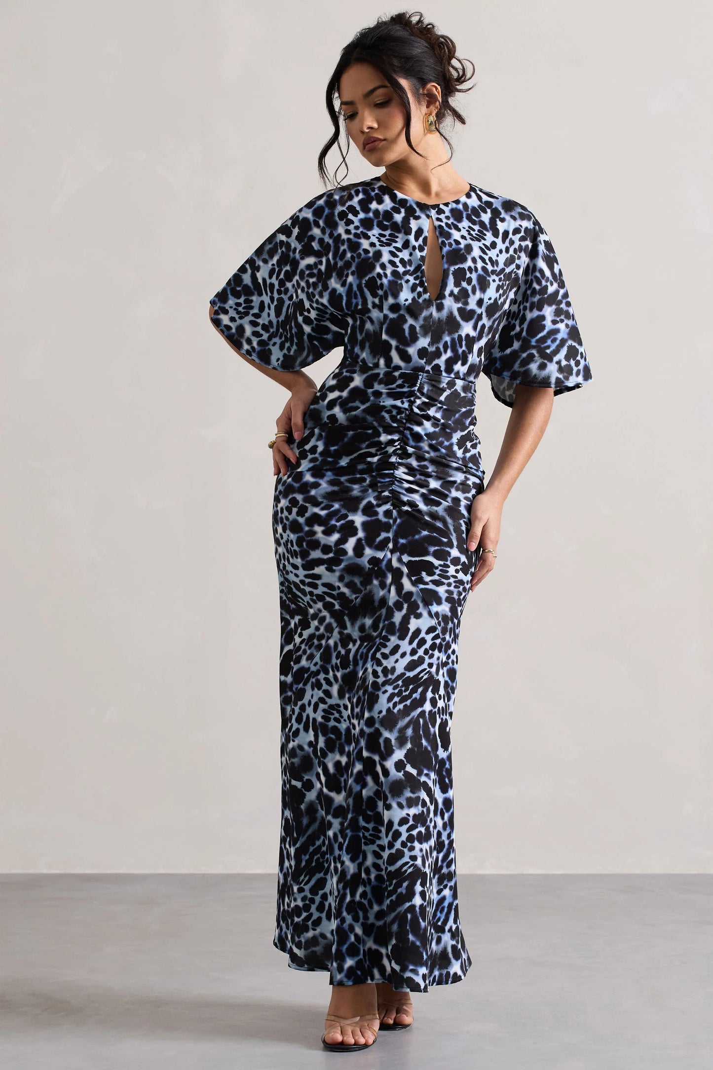 Elidy | Animal Print Ruched Flutter-Sleeve Cut-Out Maxi Dress