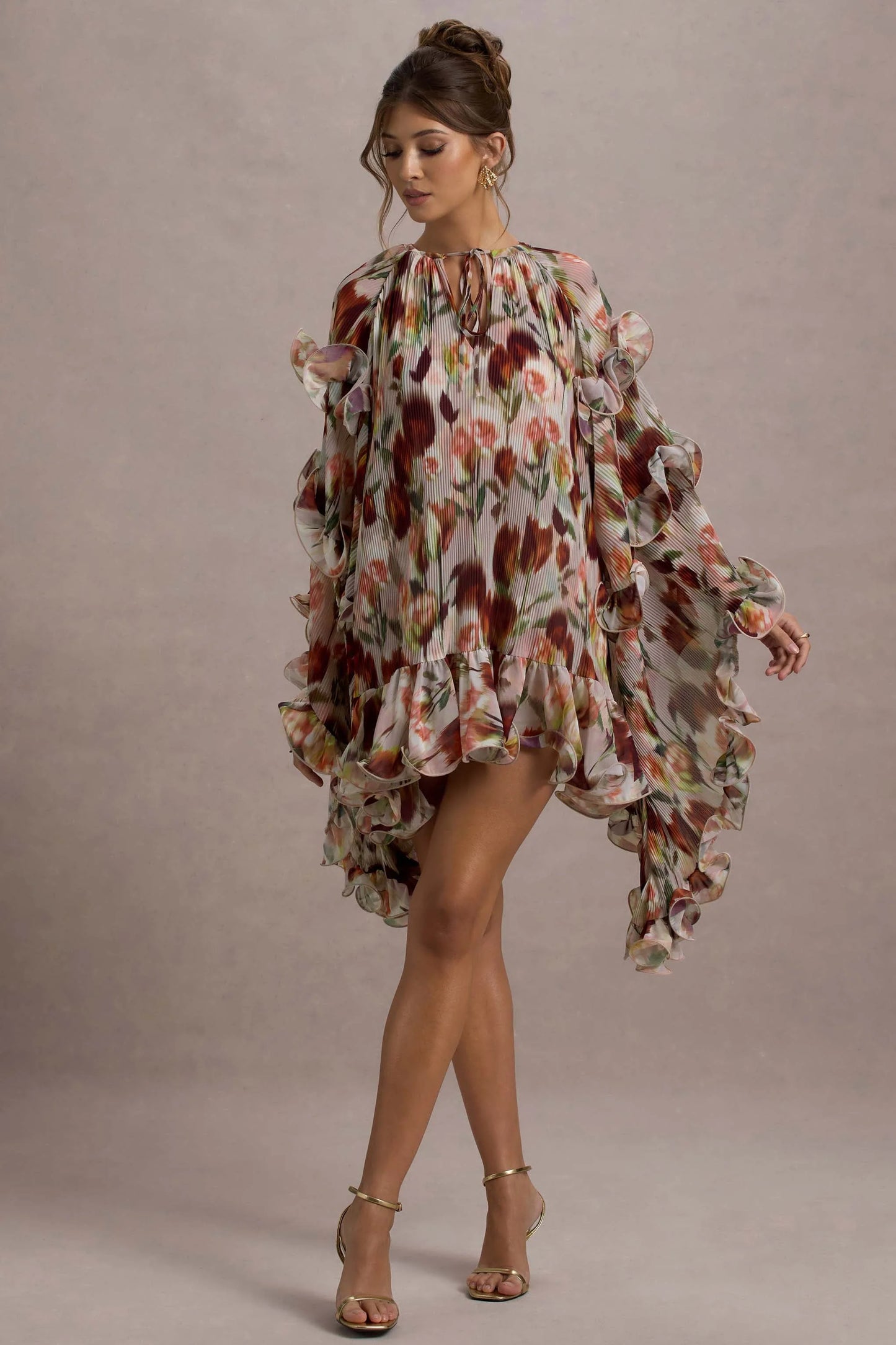 Abelia | Cream Floral Print High-Neck Cape-Sleeve Chiffon Mini Dress