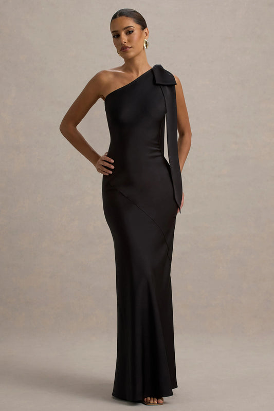 Here For Love | Black Satin Asymmetric Maxi Dress With Bow