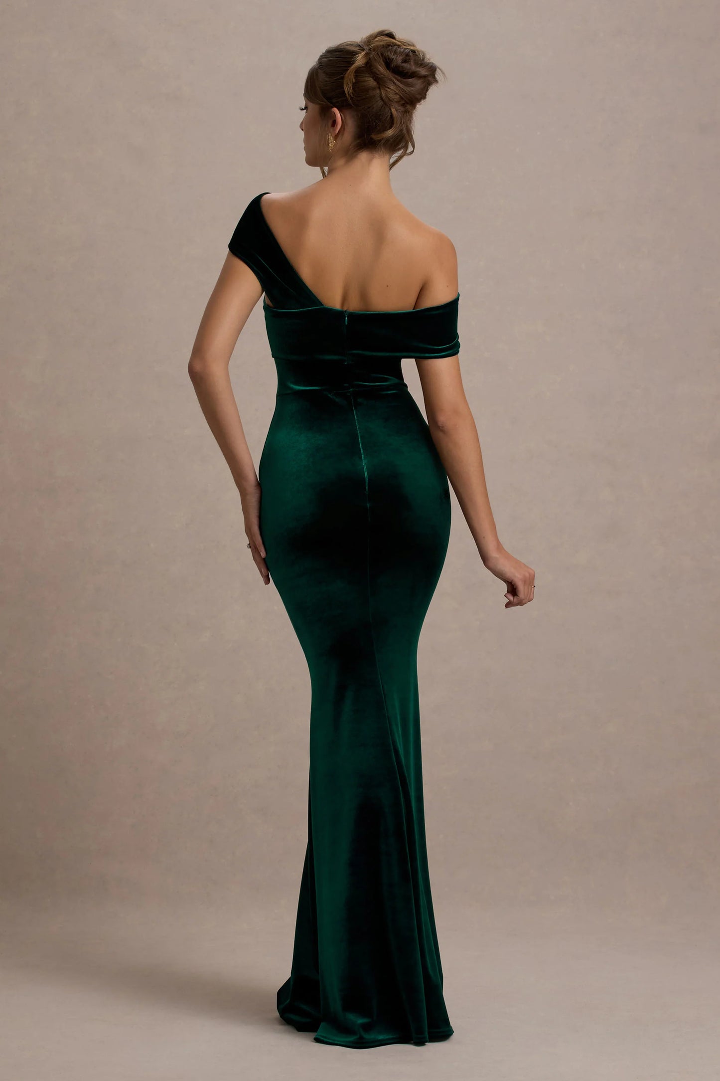 Candela | Bottle Green Velvet Asymmetric Bardot Maxi Dress