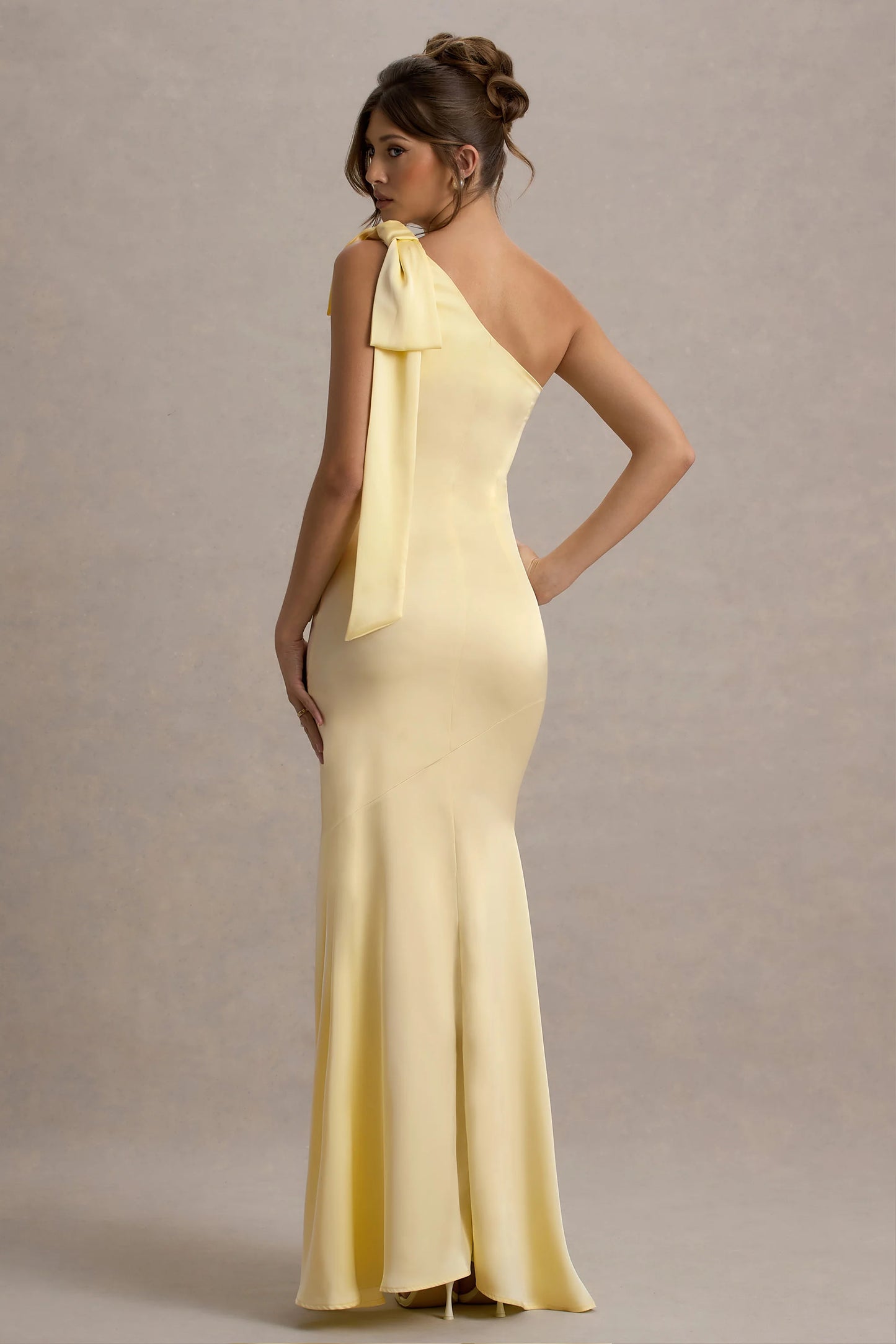 Here For Love | Lemon Satin Asymmetric Maxi Dress With Bow