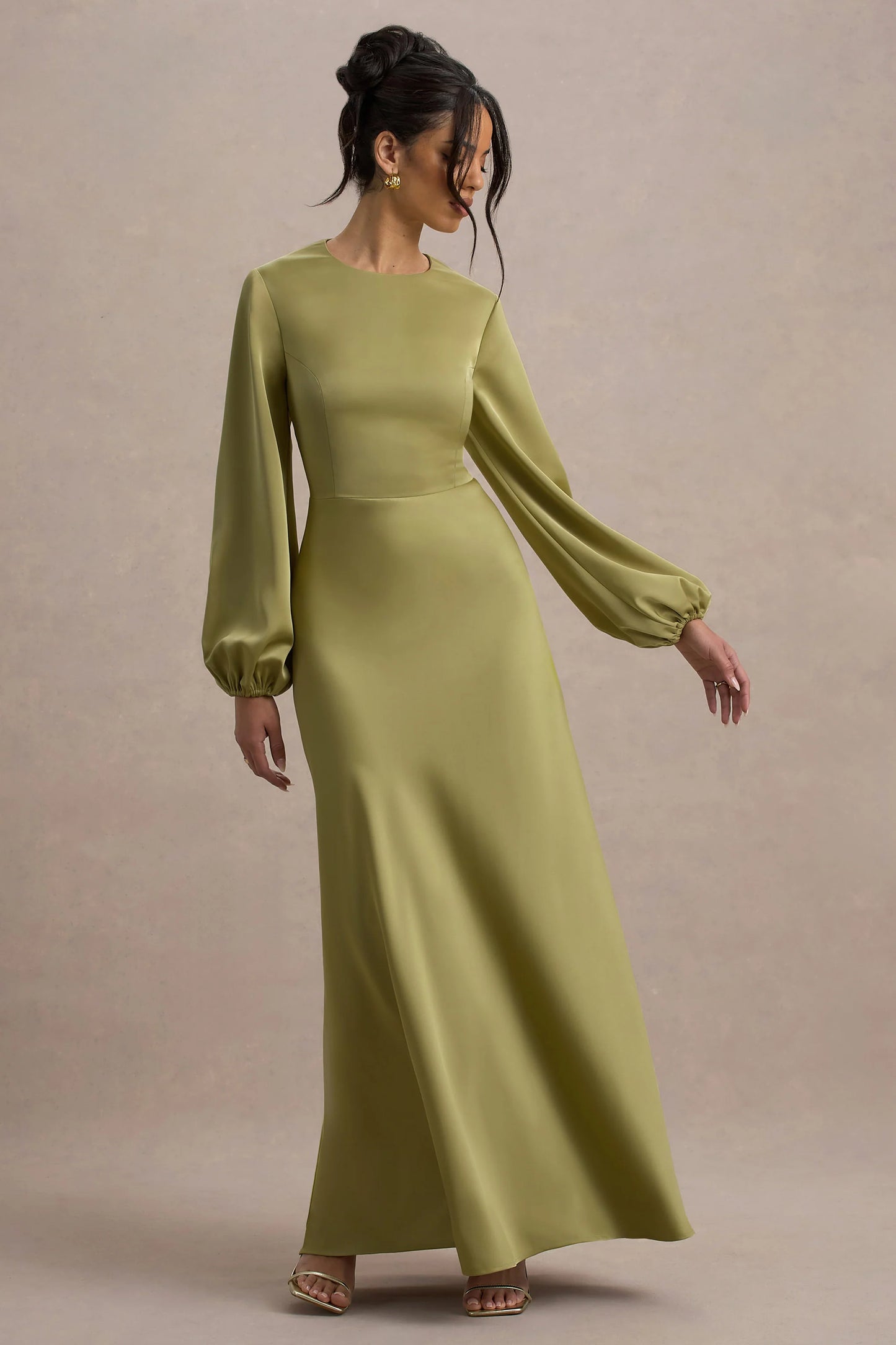 Crawley | Light Green Satin Puff-Sleeve Maxi Dress