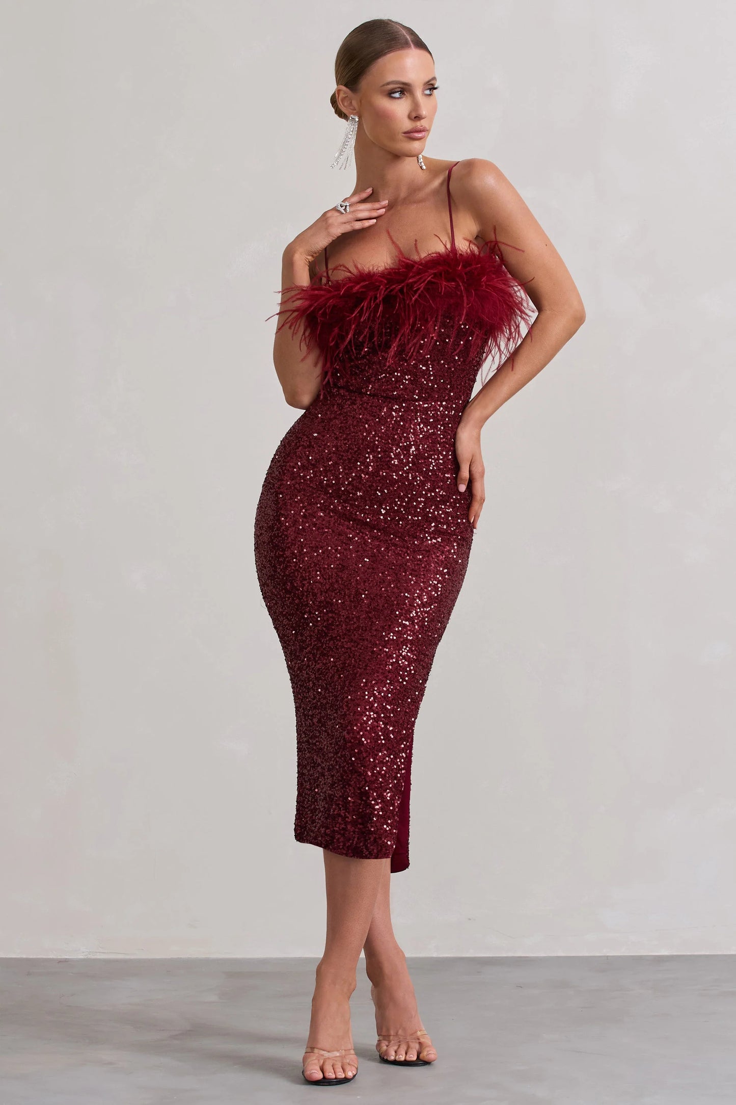 In Your Head | Plum Sequin Strappy Midi Dress With Feathers