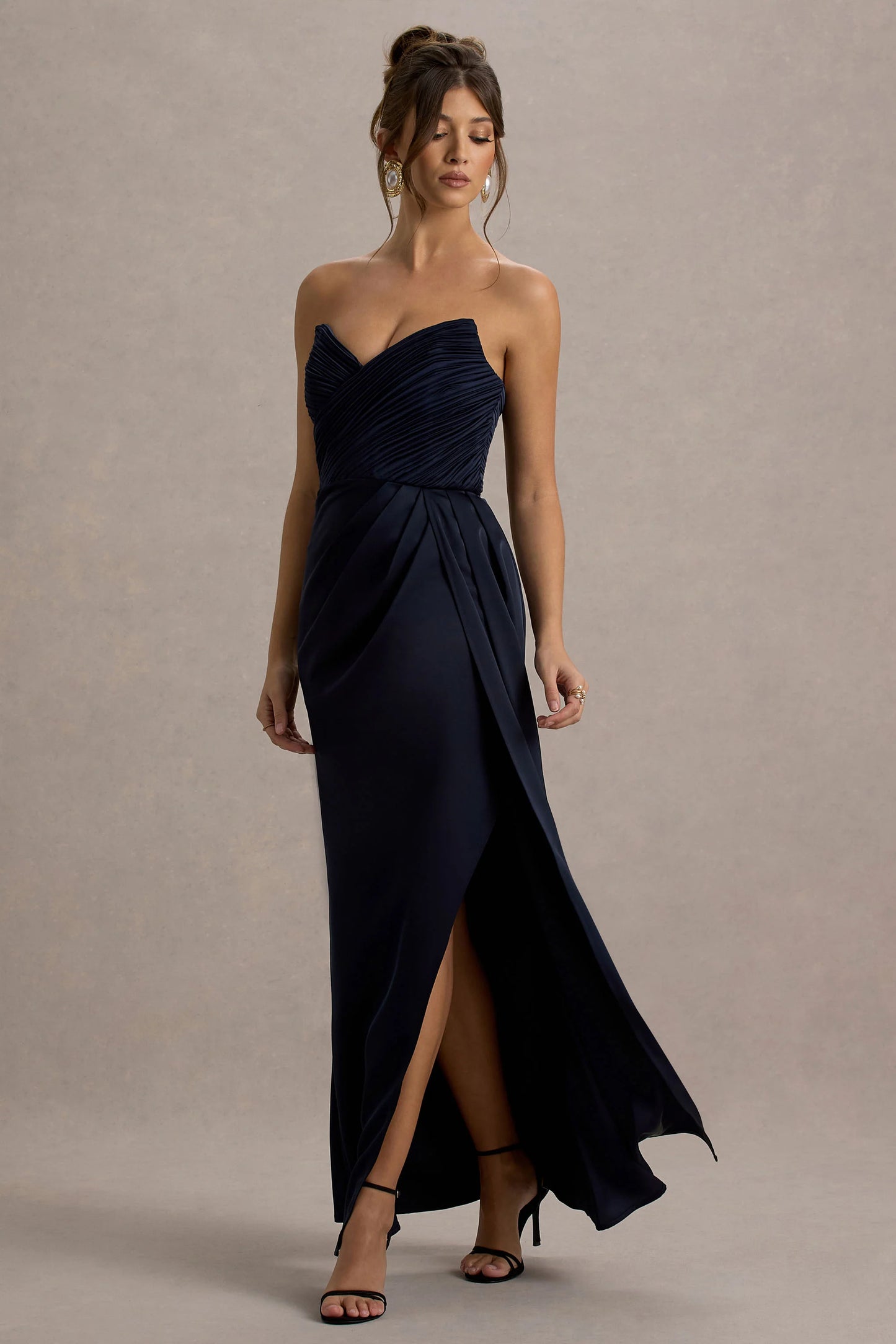 Edel | Navy Satin Strapless Maxi Dress With Drape