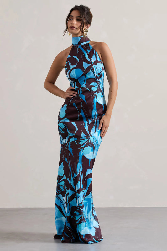 Adoria | Floral Print Satin High-Neck Maxi Dress