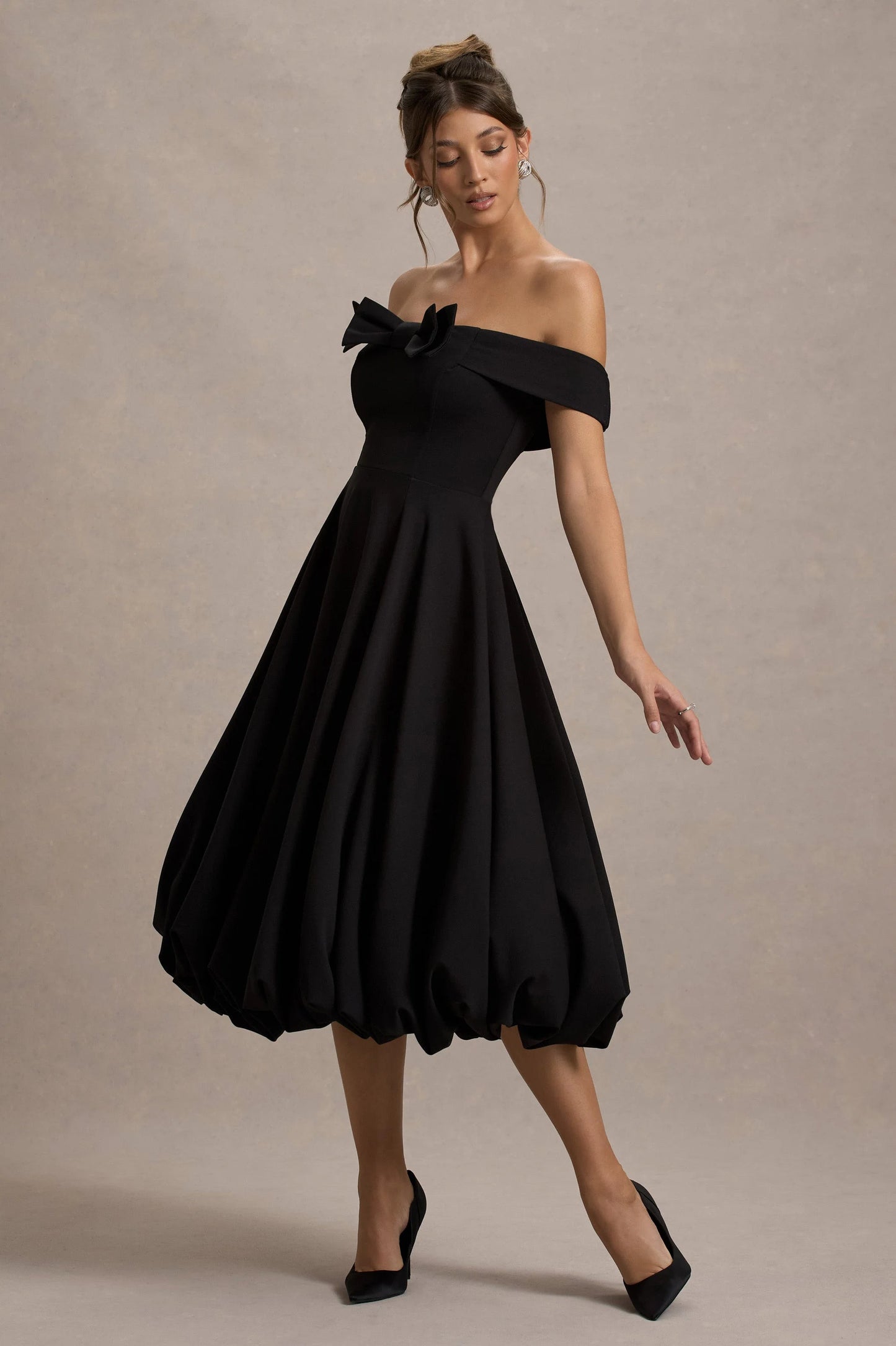 Calliopia | Black Bow Bardot Midi Dress With Puff-Ball Skirt