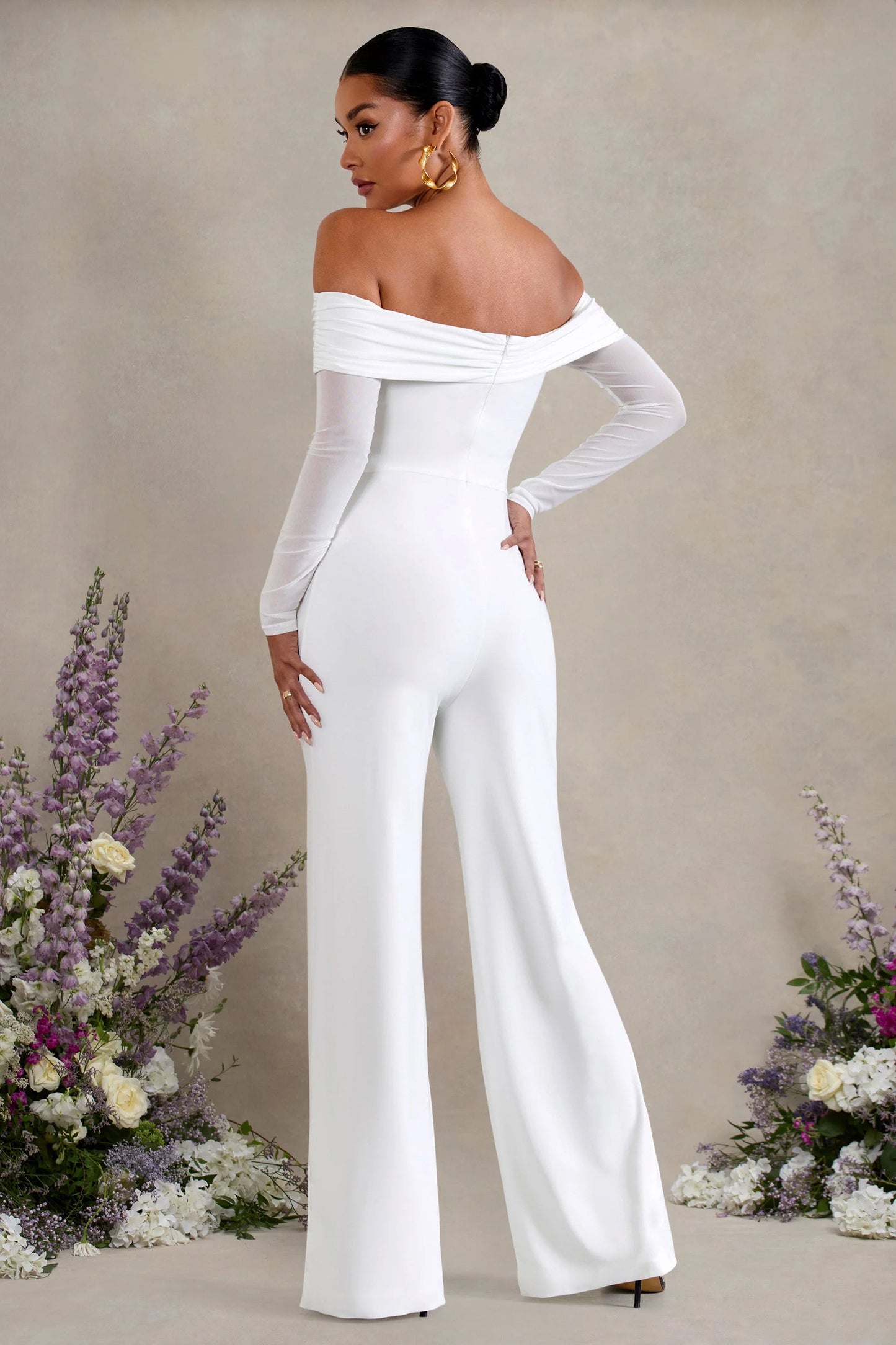 Kyla | White Ruched Bardot Long-Sleeved Wide-Leg Maternity Jumpsuit