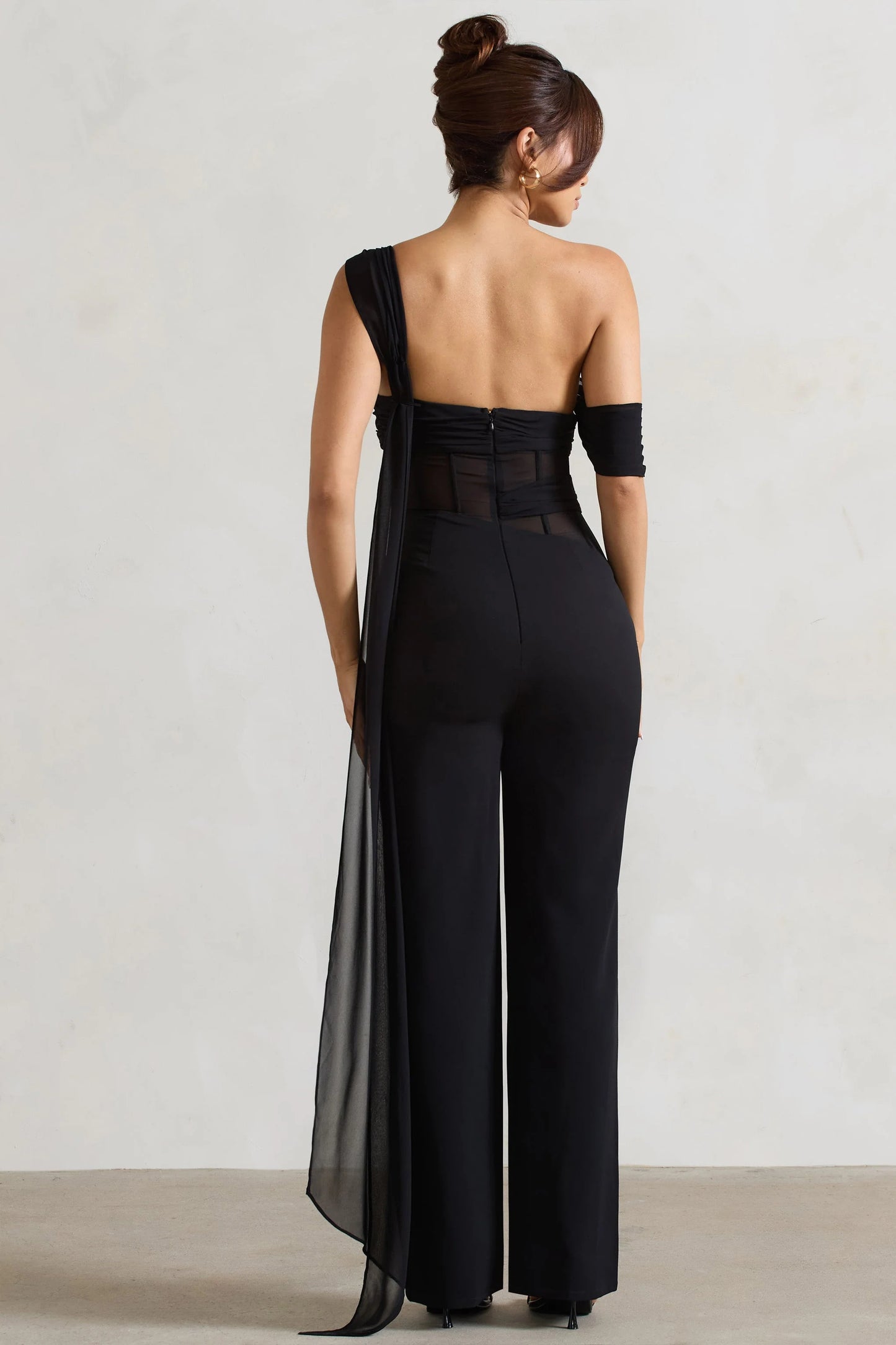 Fatale | Black Draped-Sleeve Corseted Jumpsuit With Sash