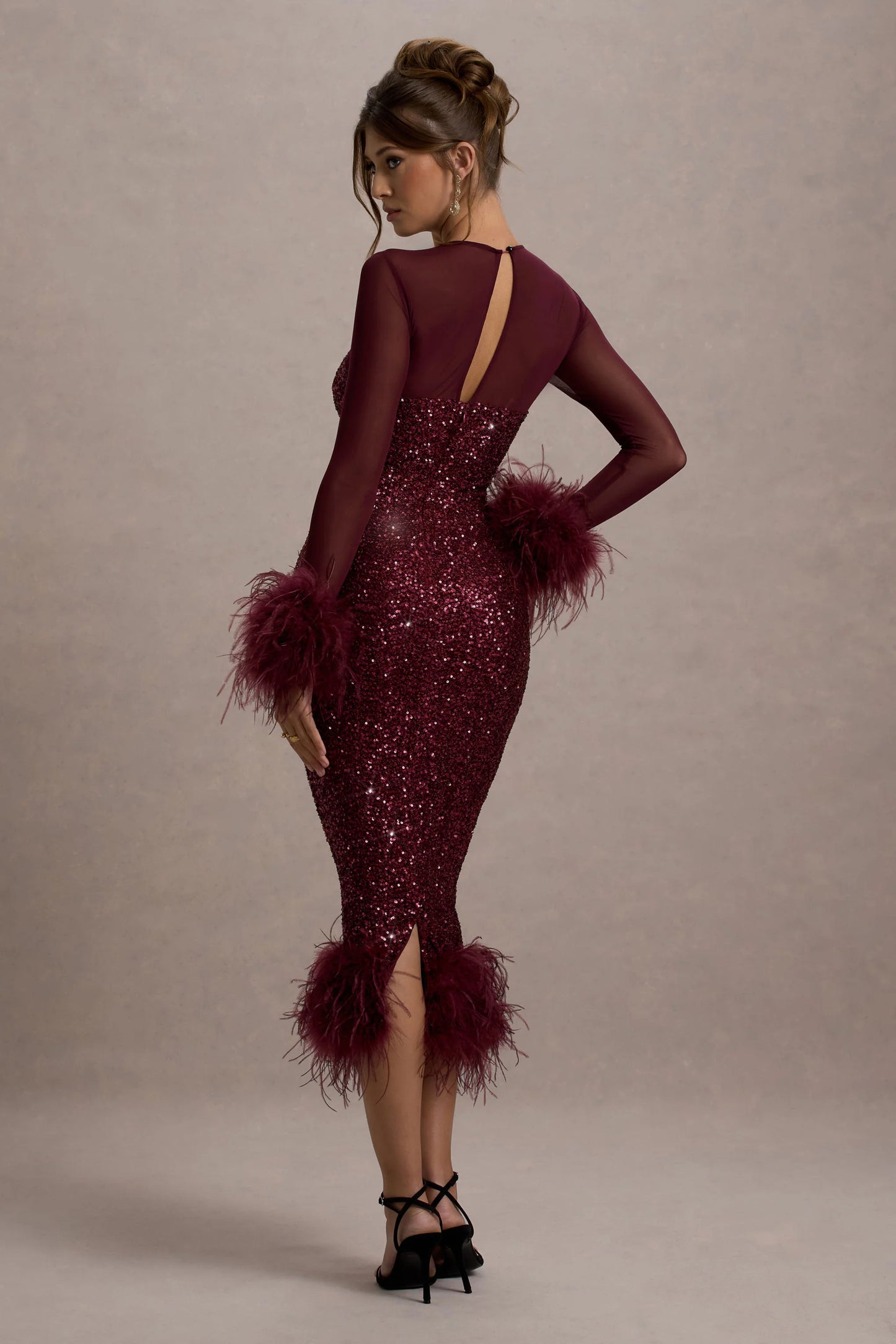 Afterglow | Port Sequin Long-Sleeve Midi Dress With Feather Trims