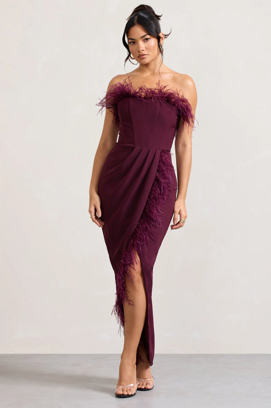 Cosmo | Burgundy Bandeau Feather Corset Split Maxi Dress