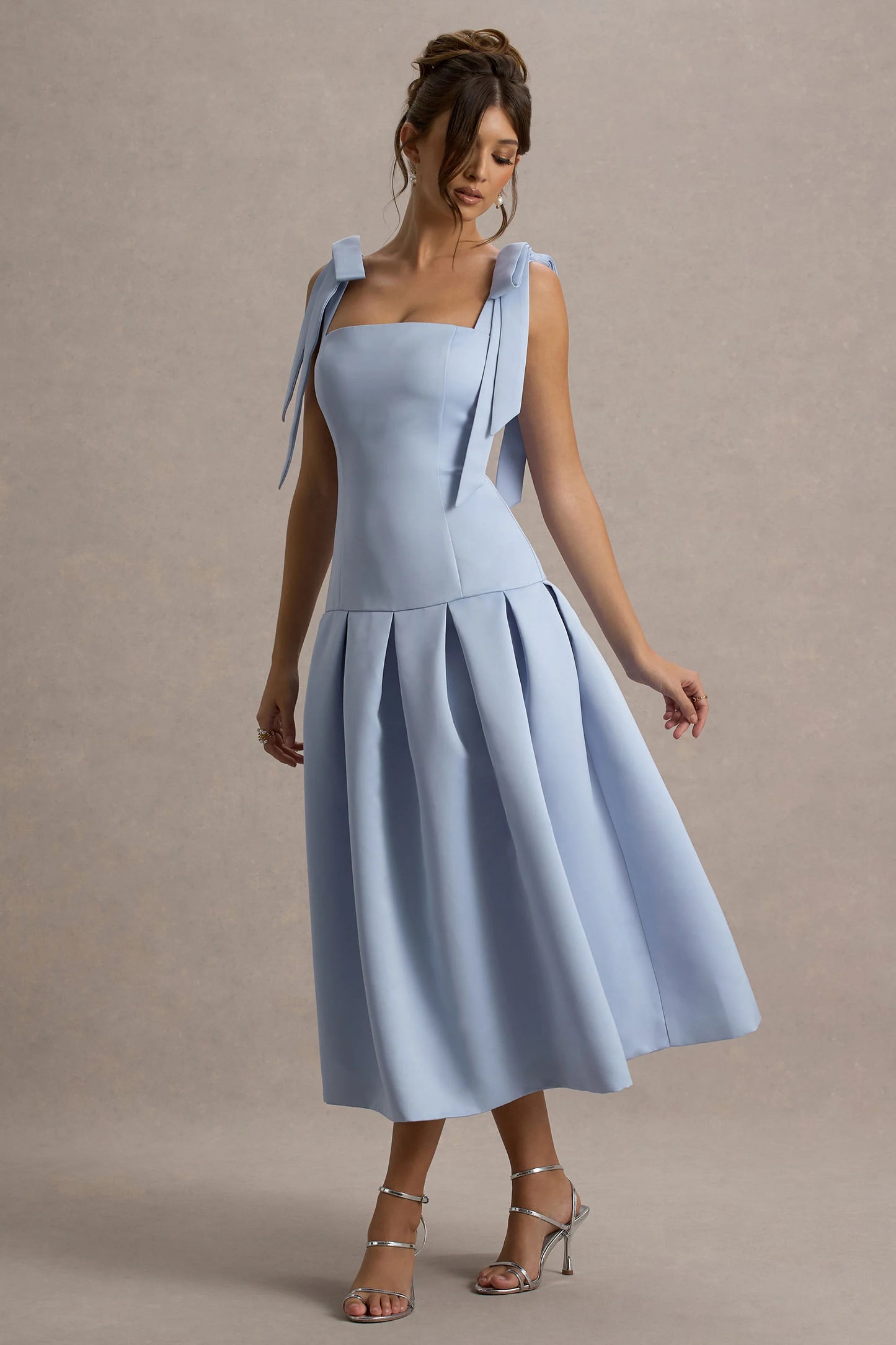 Alberta | Powder Blue Satin Midi Dress With Bow Straps