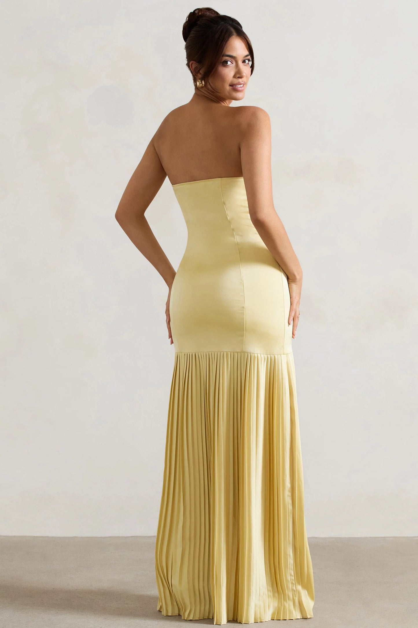 Confidence | Lemon Satin Bandeau Pleated Split Maxi Dress