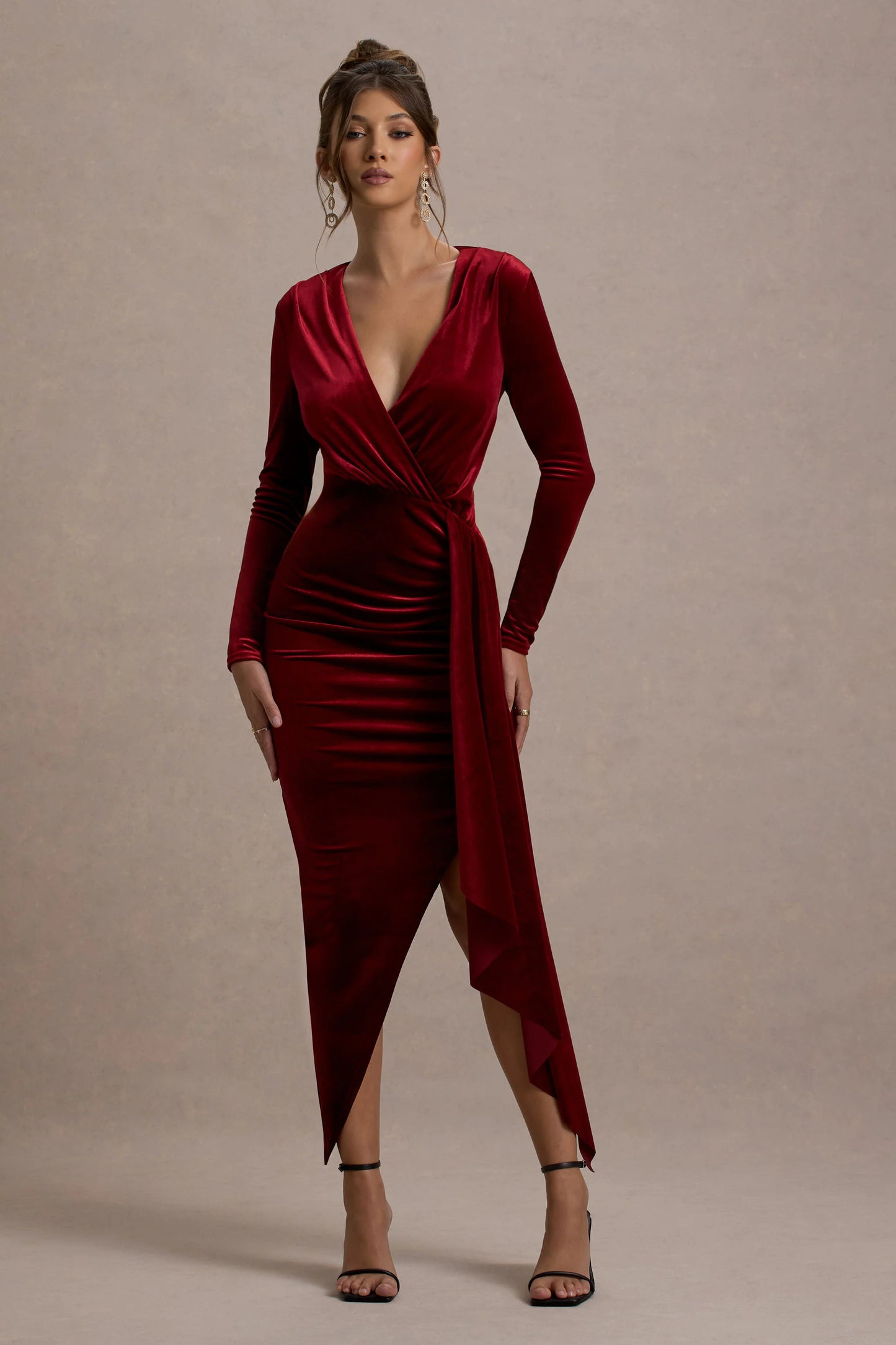 Arcadia | Berry Velvet Plunge-Neck Wrap Midi Dress