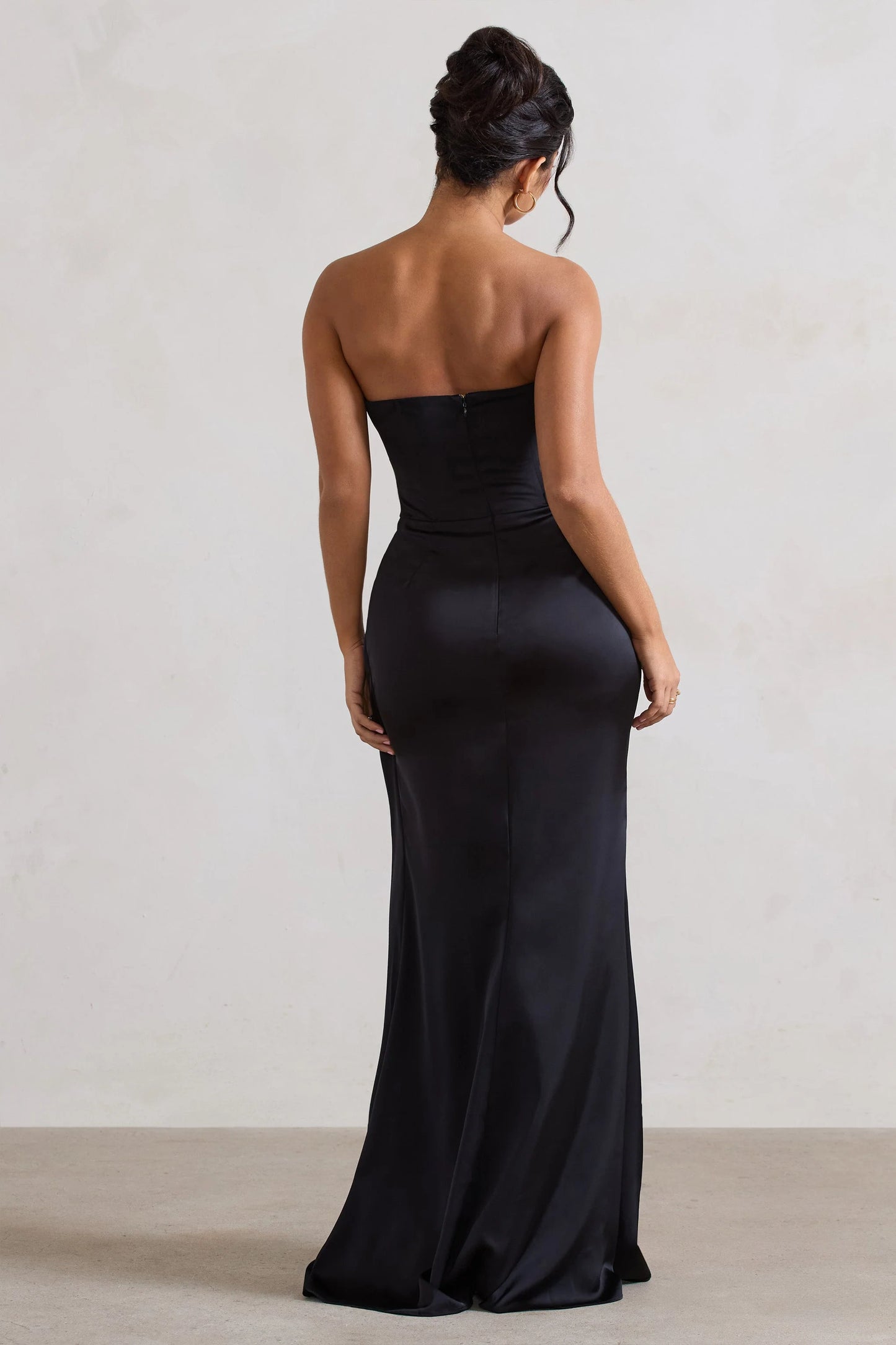 Ace | Black Satin Bandeau Split Maxi Dress With Ruffle Drape