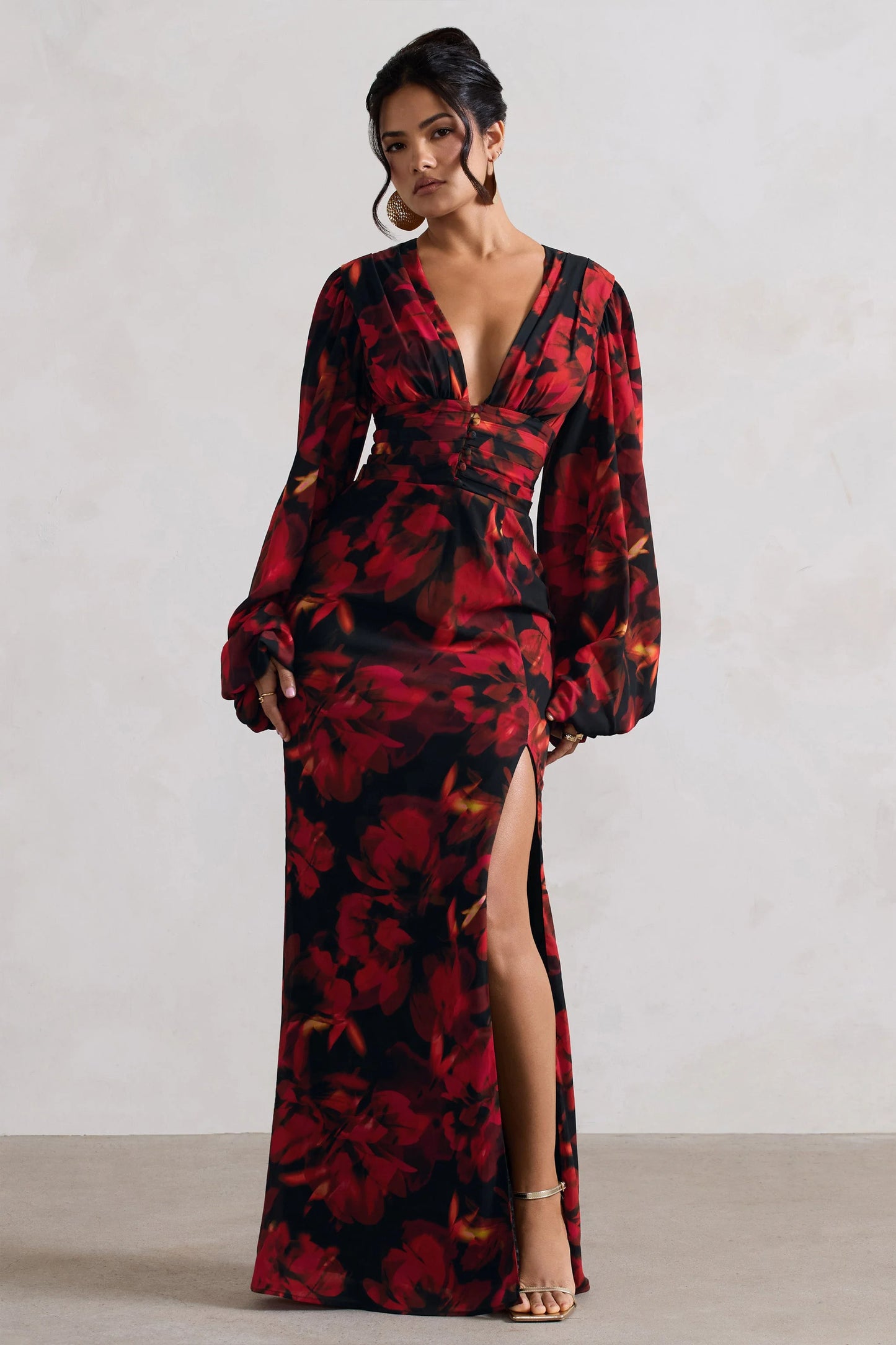 Casarile | Red Floral Print V-Neck Balloon Sleeve Maxi Dress