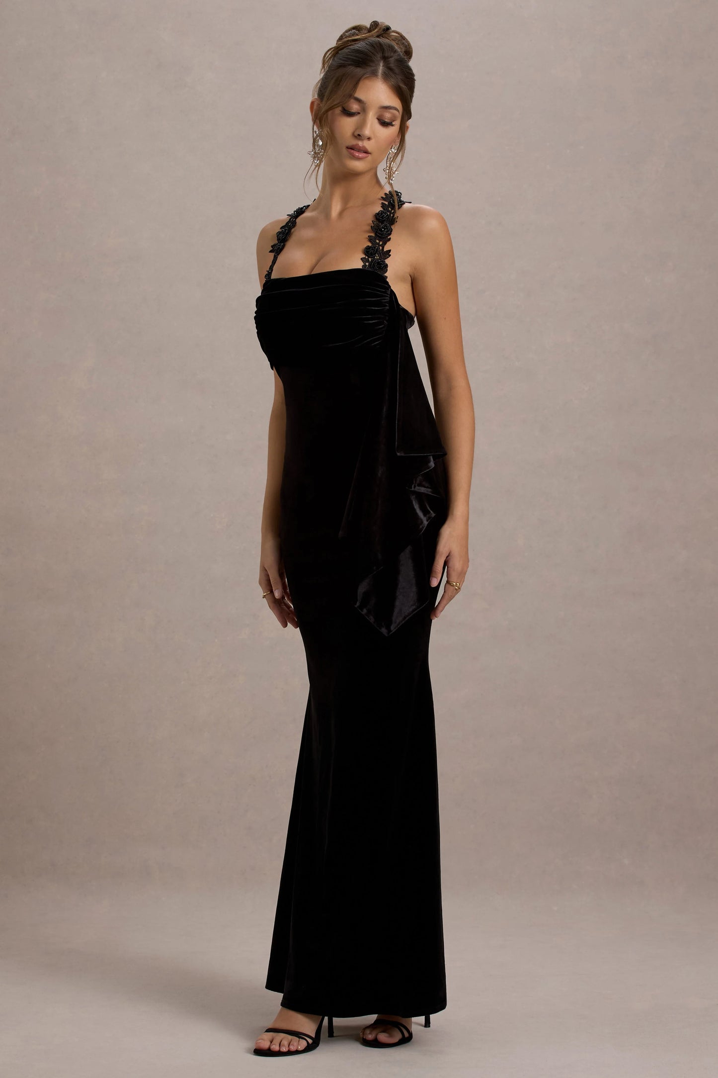 Charlize | Black Velvet Halter-Neck Draped Maxi Dress