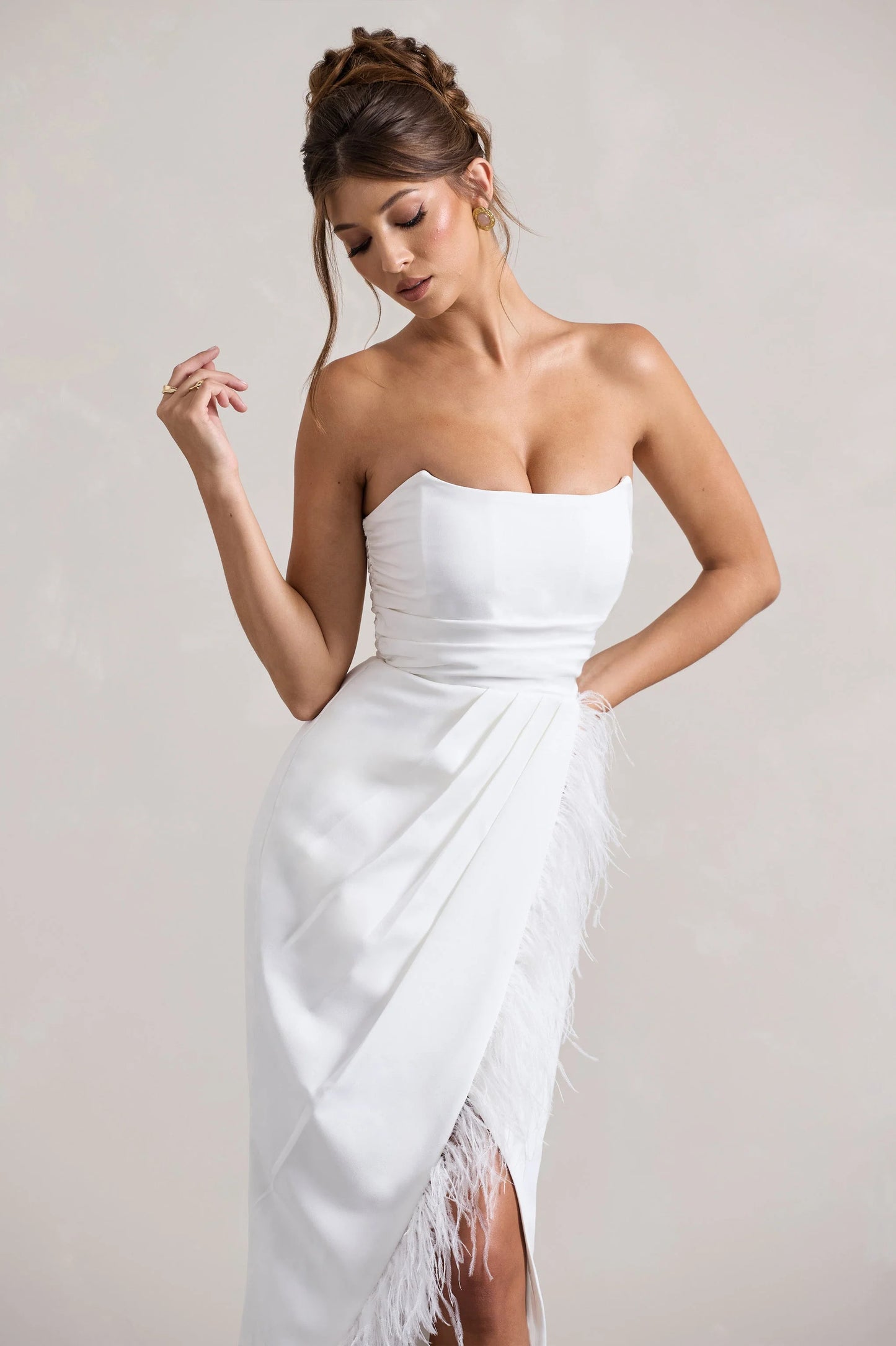 Chosen | White Bandeau Wrap Maxi Dress With Feather Trim