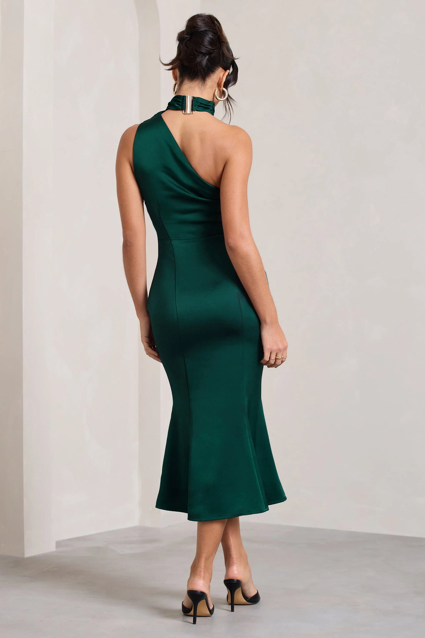 Golden Girl | Bottle Green Satin One Shoulder High-Neck Flared Midi Dress