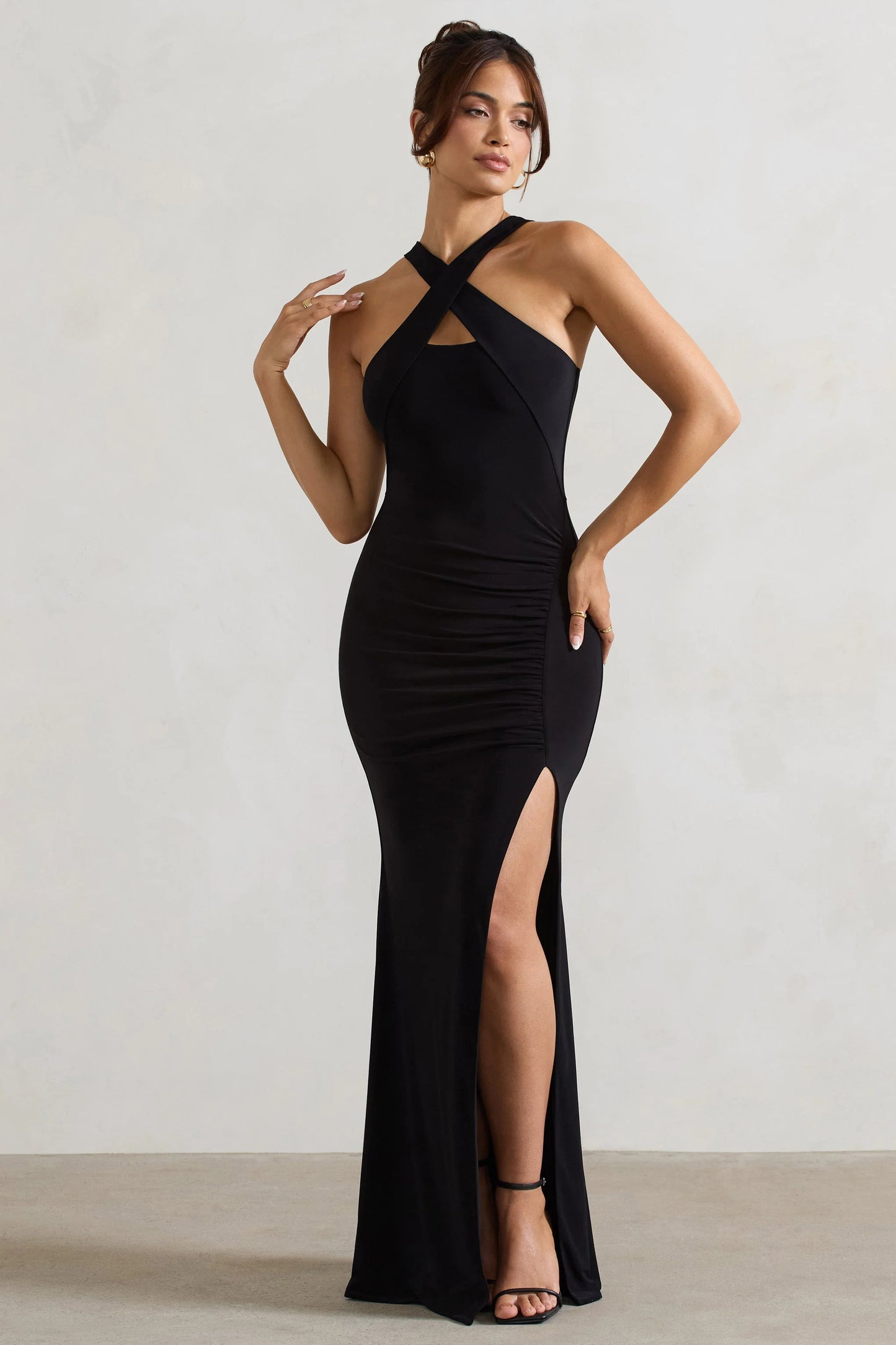 Jianna | Black Cross Over Halter-Neck Split Maxi Dress