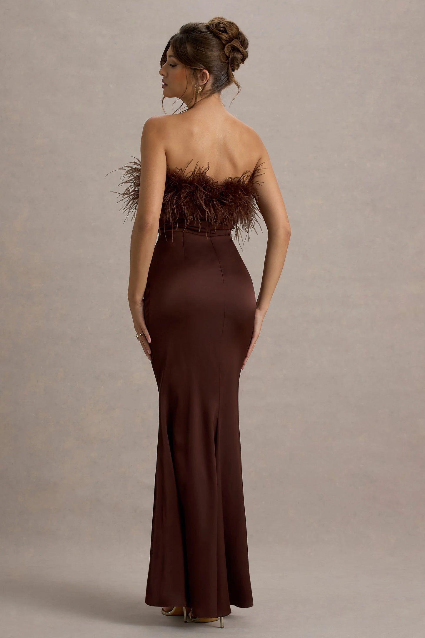 Dress For It | Brown Satin Feather Trim Bandeau Maxi Dress