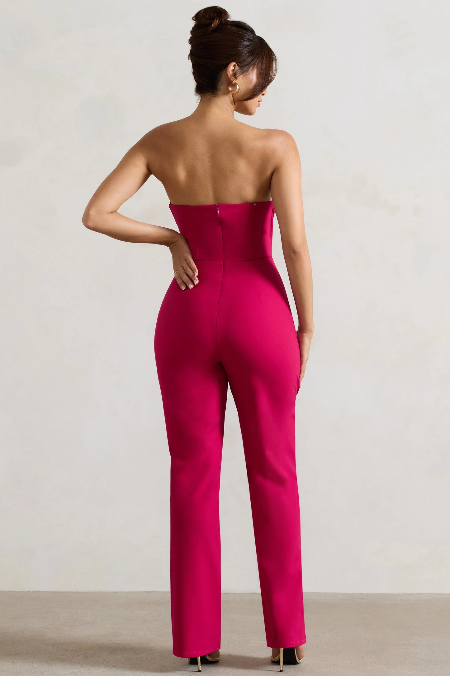 Bellezza | Hot Pink Bandeau Corset Wide Leg Jumpsuit