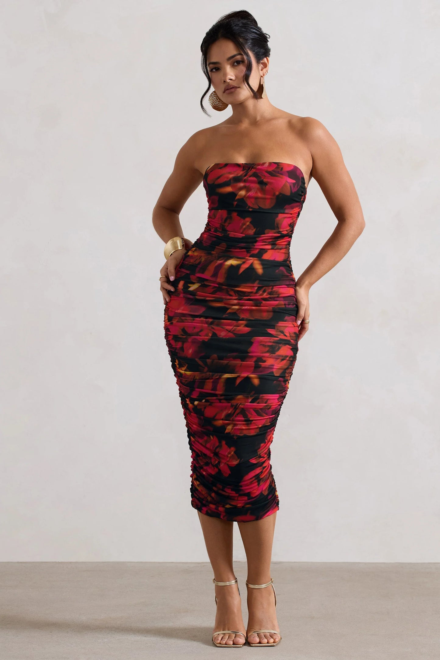 Inara | Red Floral Print Strapless Ruched Midi Dress